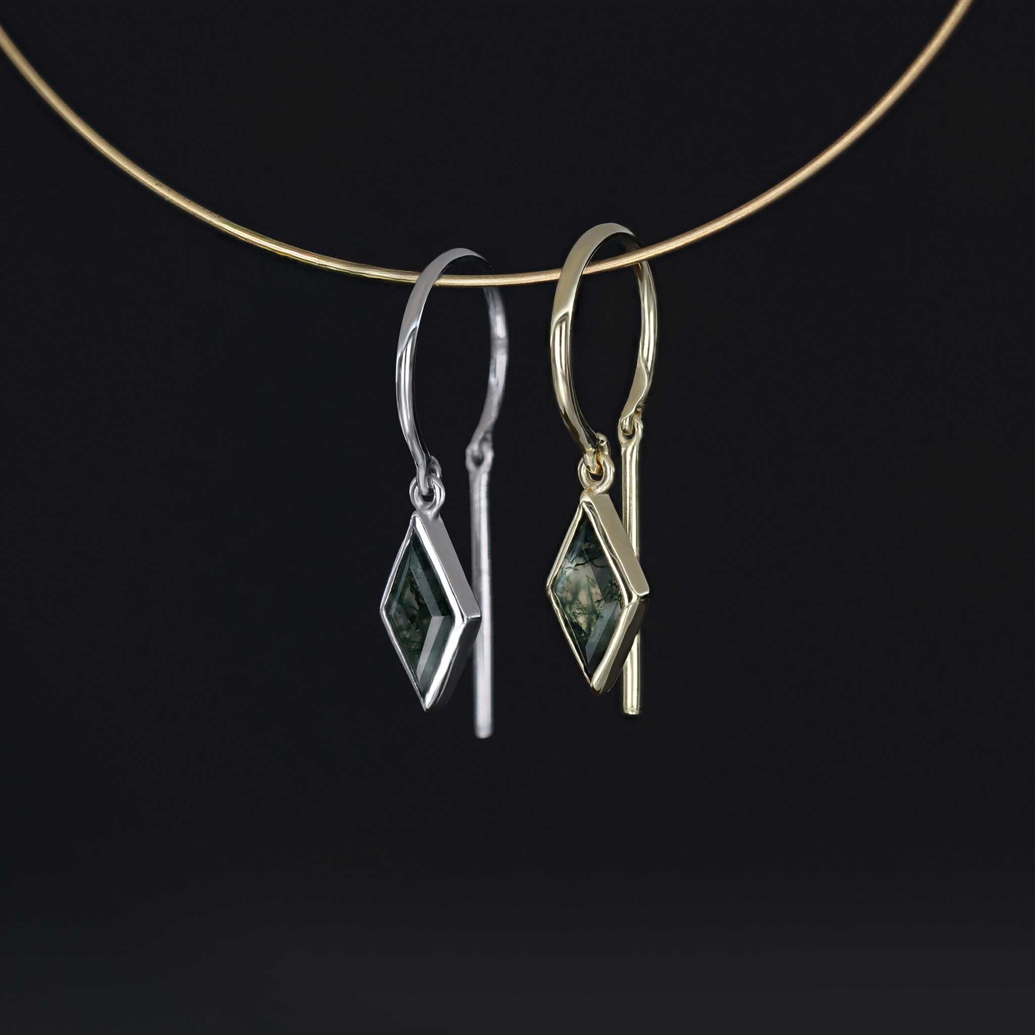 Ray open hoop earring with diamond cut moss agate in bezel setting