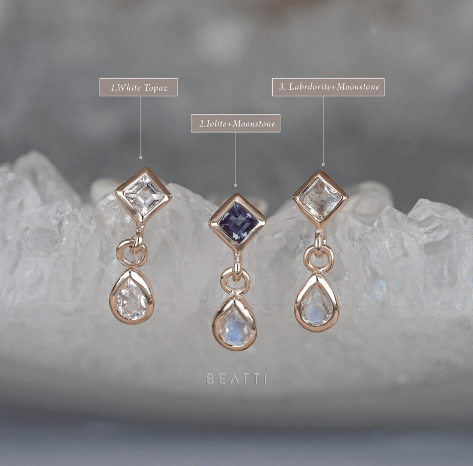 BEATTI Threadless Ends Rena • Labradorite & Moonstone Flat Back Earring Rena • Labradorite & Moonstone Flat Back Earring