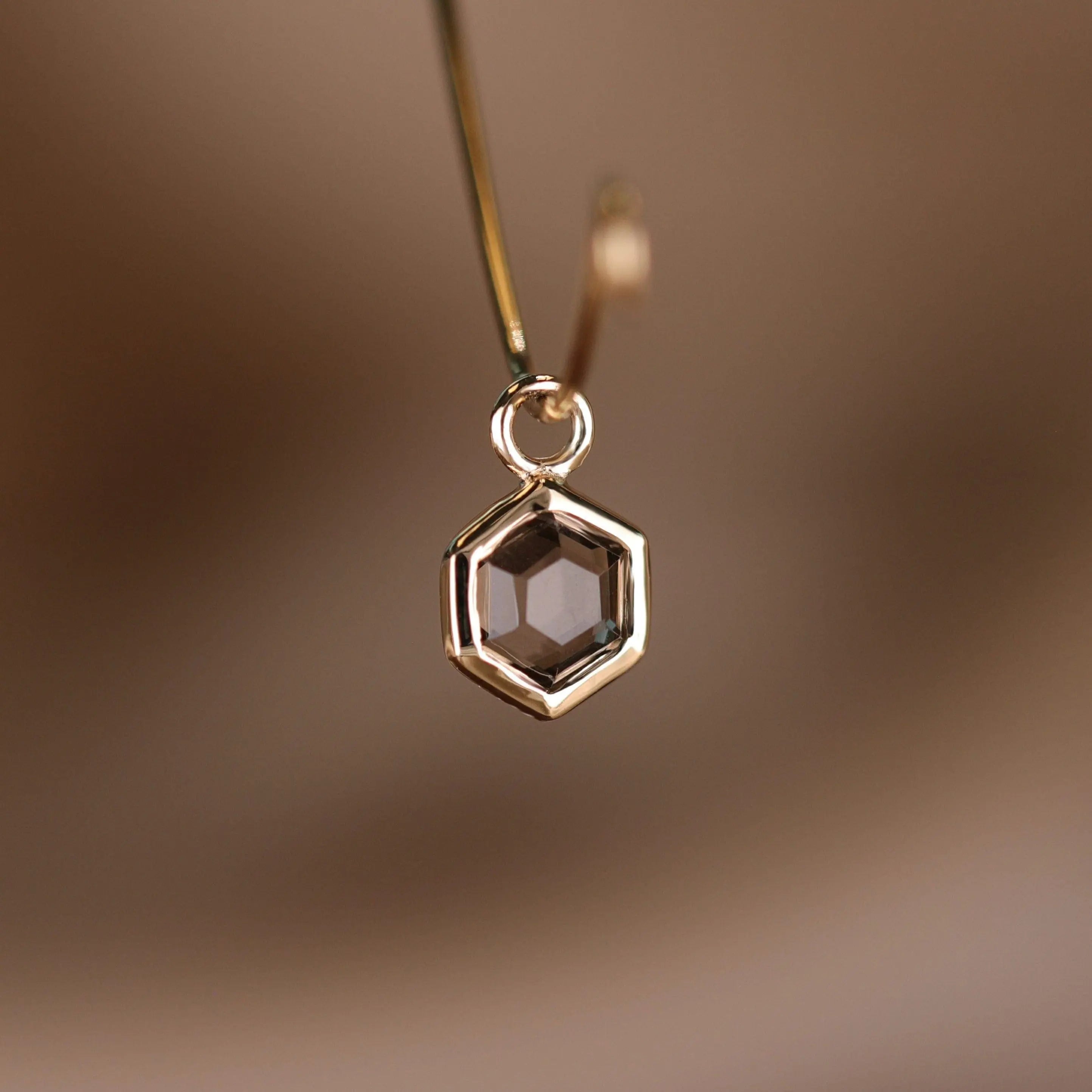 BEATTI Charms Gold / Smoky Quartz Ela • 14K Gold Hexagon Gemstone Hoop Charm BTPG039 Ela • 14K Gold Hexagon Gemstone Hoop Charm