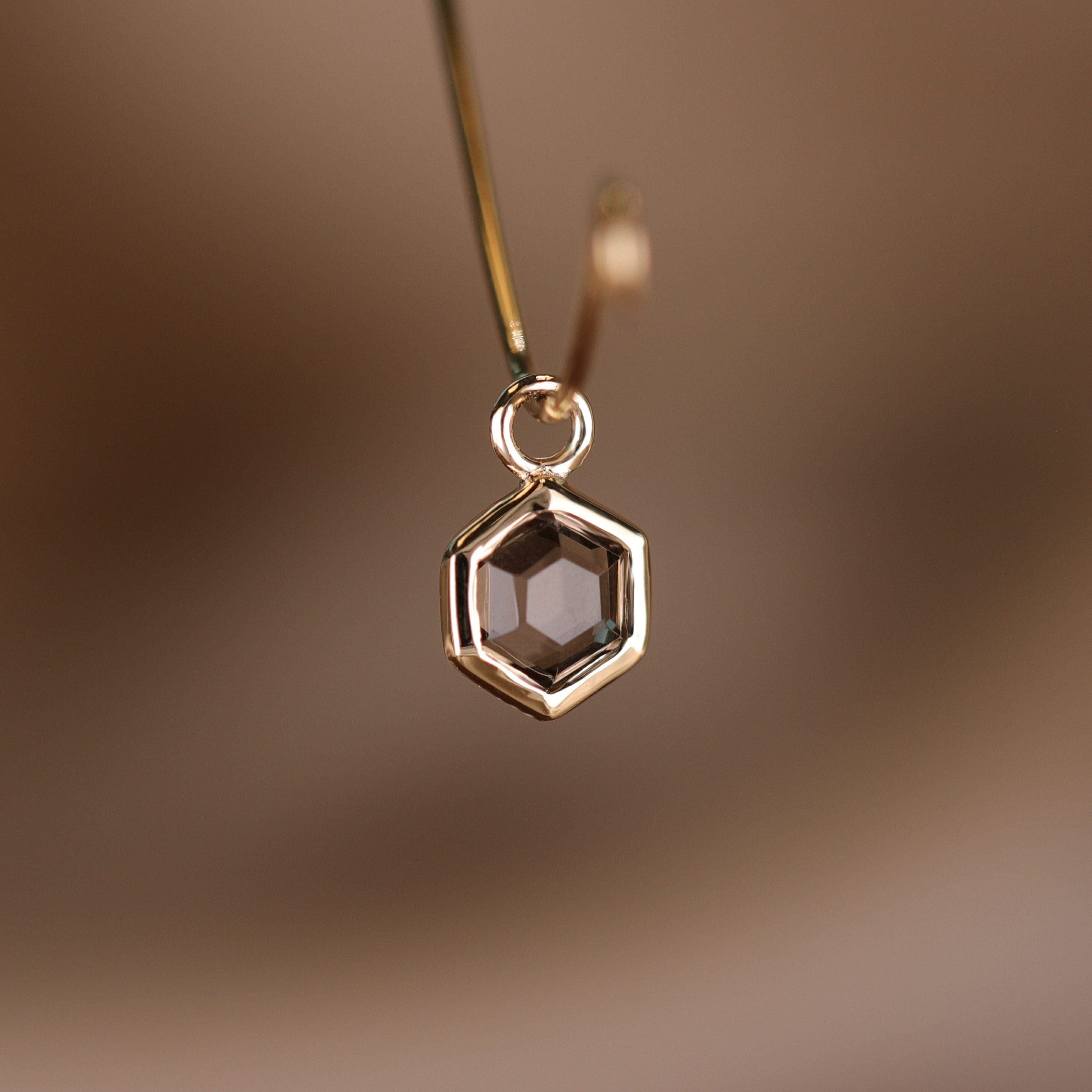 BEATTI Charms Gold / Smoky Quartz Ela • 14K Gold Hexagon Gemstone Hoop Charm BTPG039 Ela • 14K Gold Hexagon Gemstone Hoop Charm