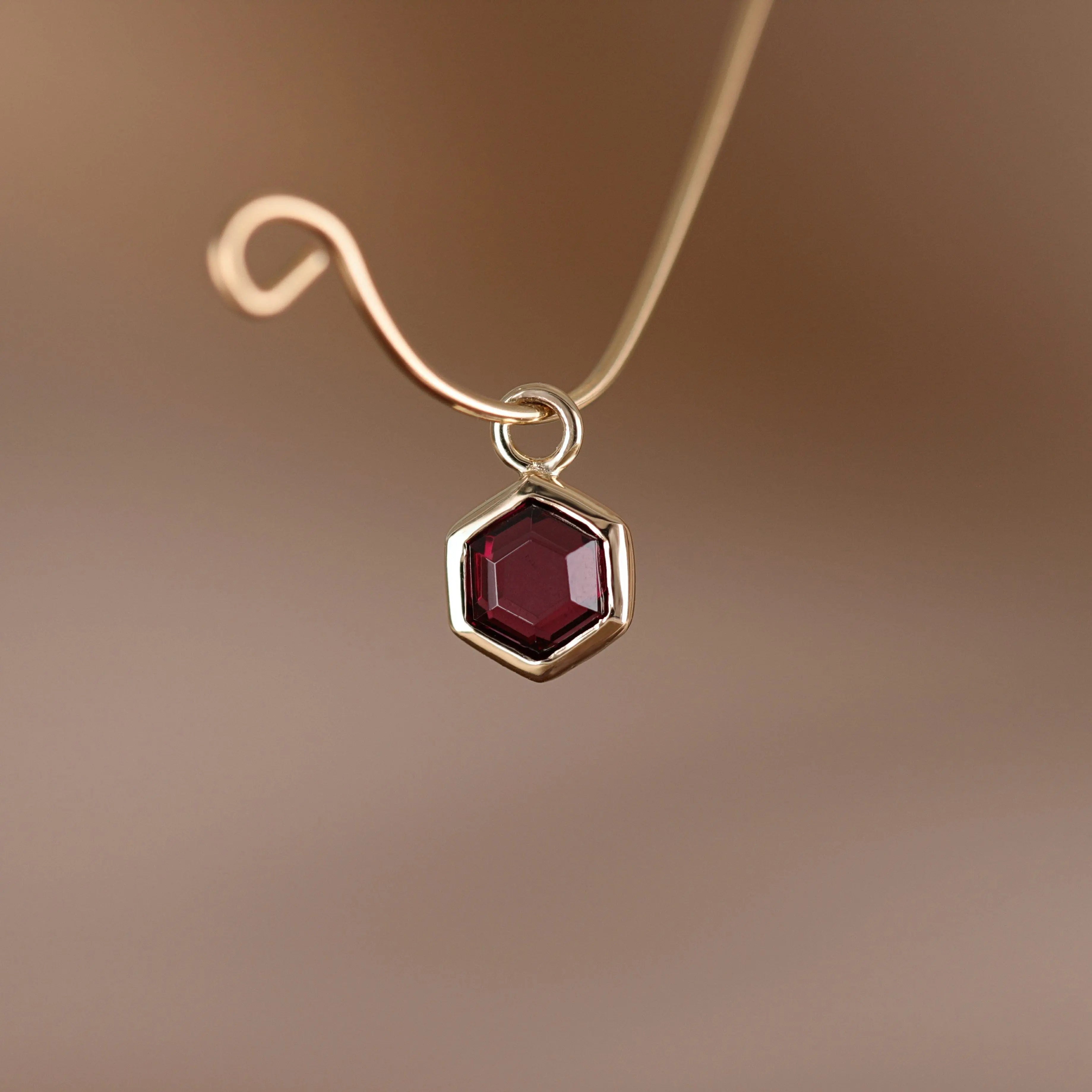 BEATTI Charms Gold / Rhodolite Garnet Ela • 14K Gold Hexagon Gemstone Hoop Charm BTPG039 Ela • 14K Gold Hexagon Gemstone Hoop Charm