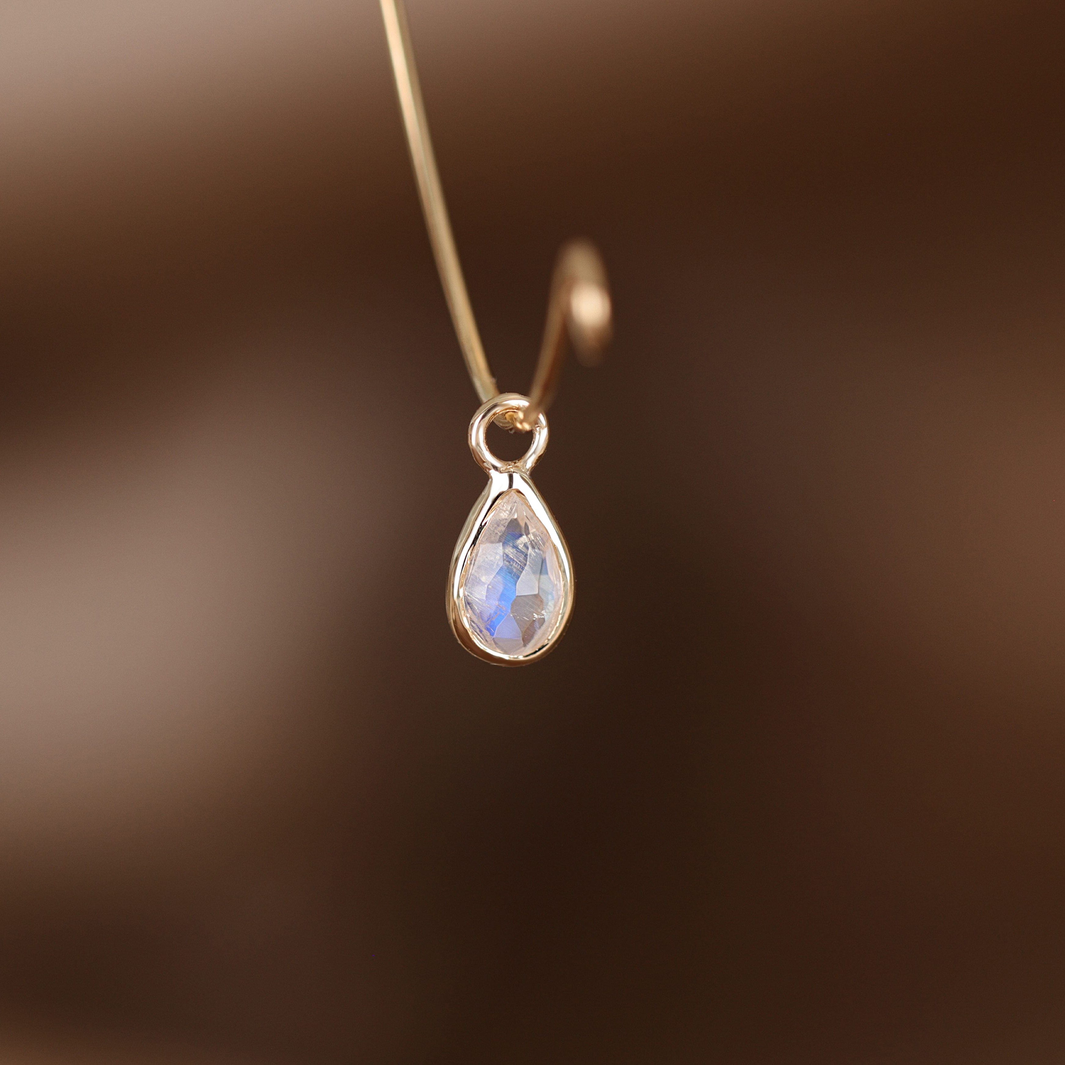BEATTI Charms Gold / Rainbow Moonstone Solara • Briolette Teardrop Gemstone Hoop Charm BTPG 034 YG Solara • Briolette Teardrop Gemstone Hoop Charm