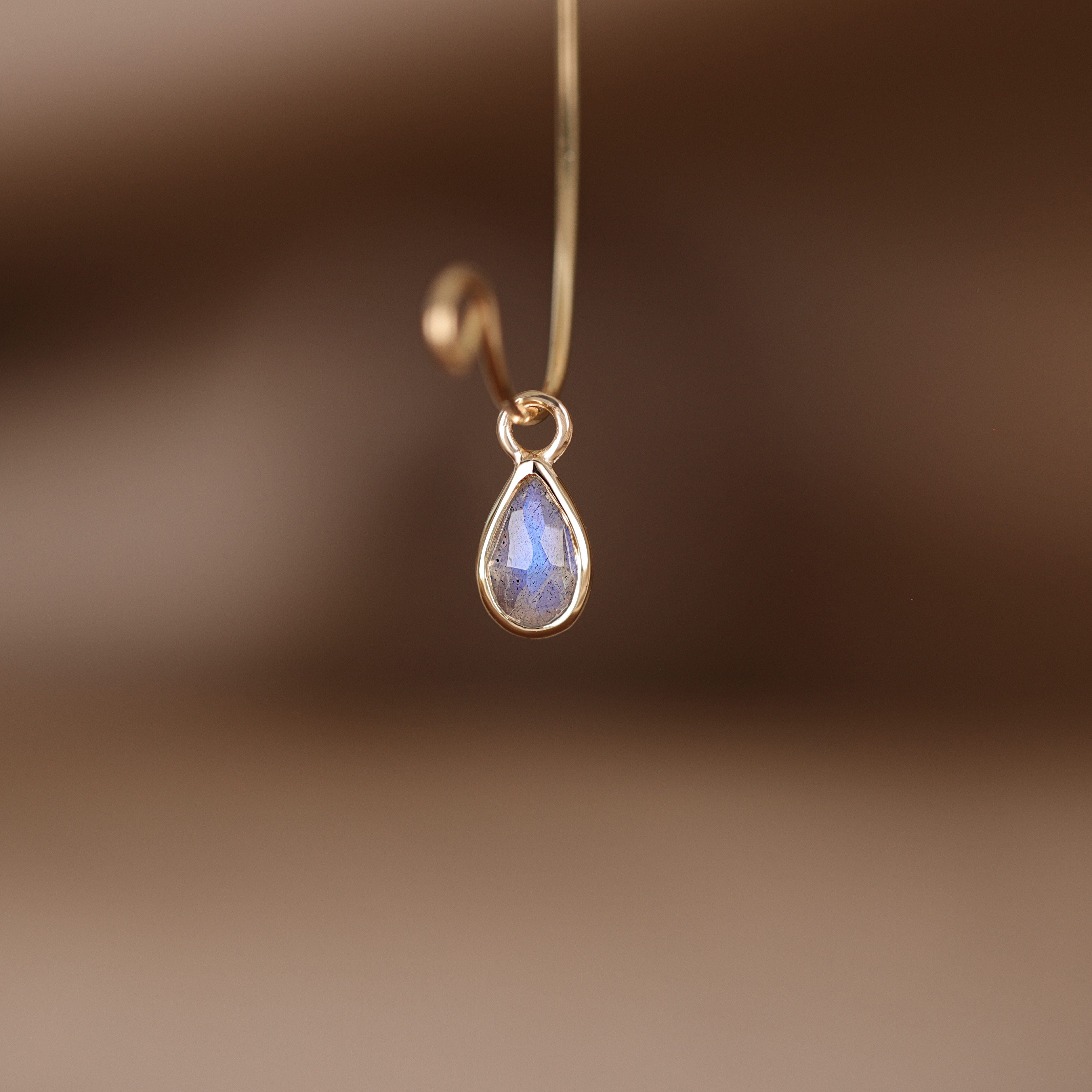 BEATTI Charms Gold / Labradorite Solara • Briolette Teardrop Gemstone Hoop Charm BTPG 034 YG Solara • Briolette Teardrop Gemstone Hoop Charm