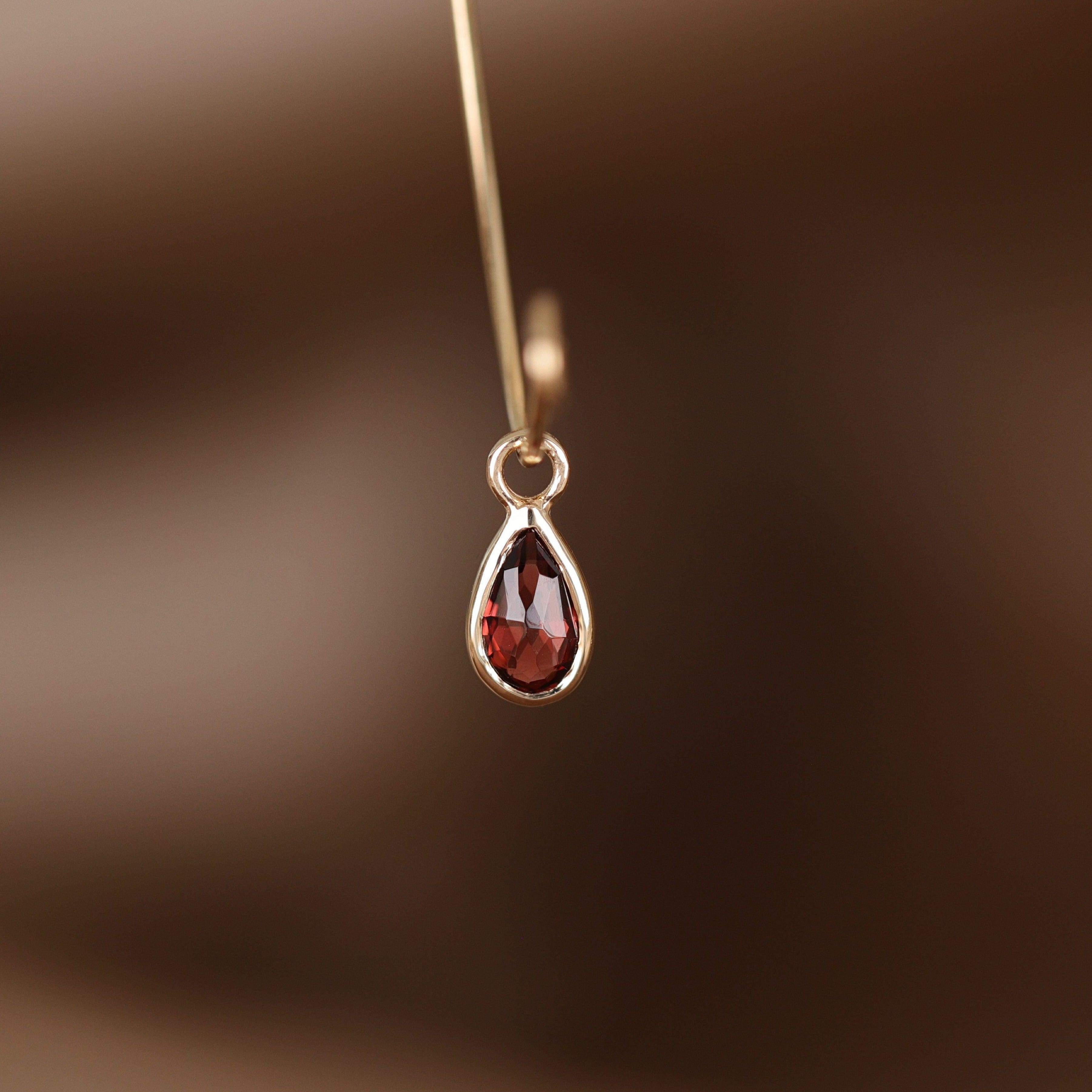 BEATTI Charms Gold / Garnet Solara• Briolette Teardrop Gemstone Hoop Charm BTPG 034 YG Solara• Briolette Teardrop Gemstone Hoop Charm