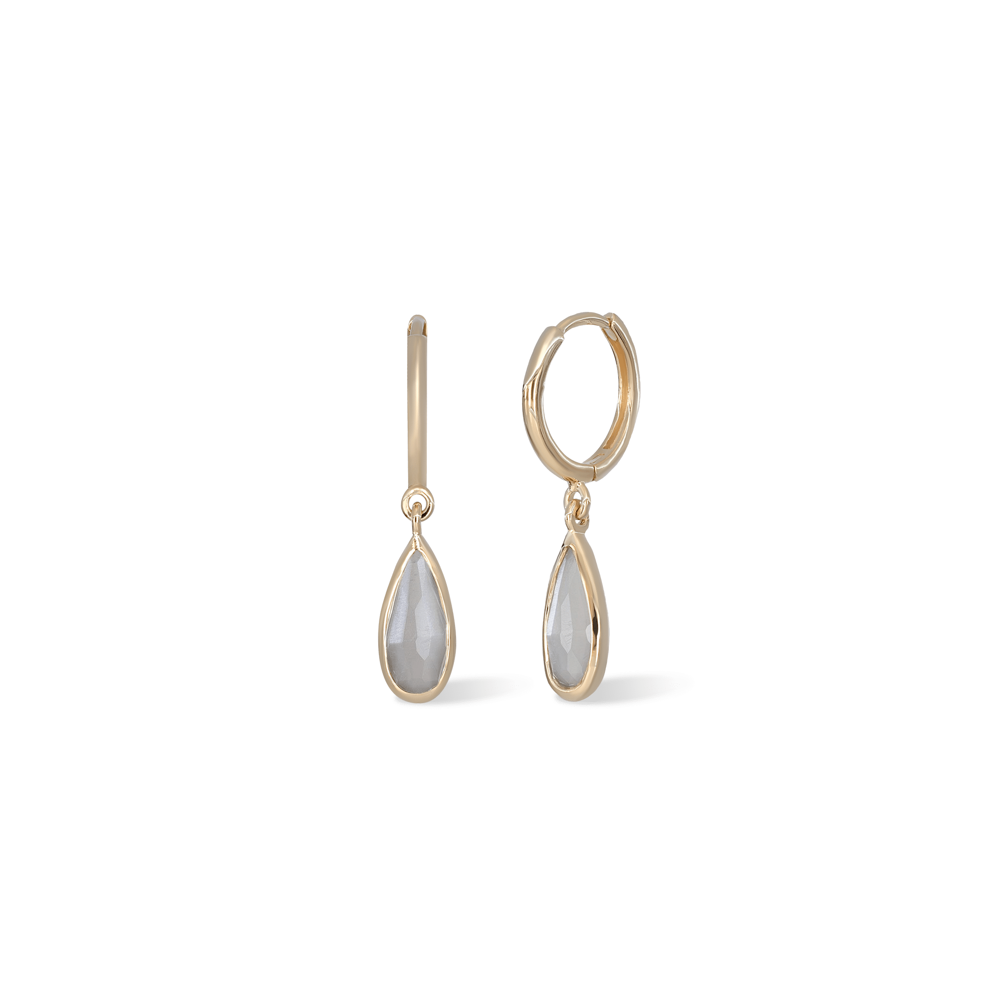 Iris gold earrings with teardrop-shaped grey moonstone gemstones