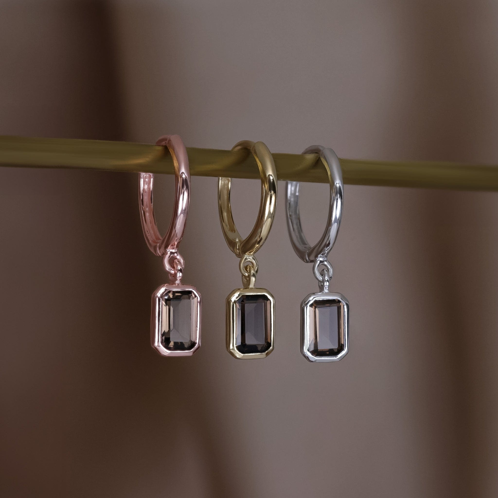BEATTI Hoops Nora • Emerald Cut Genuine Smoky Quartz Hoop Earrings Nora • Emerald Cut Genuine Smoky Quartz Hoop Earrings