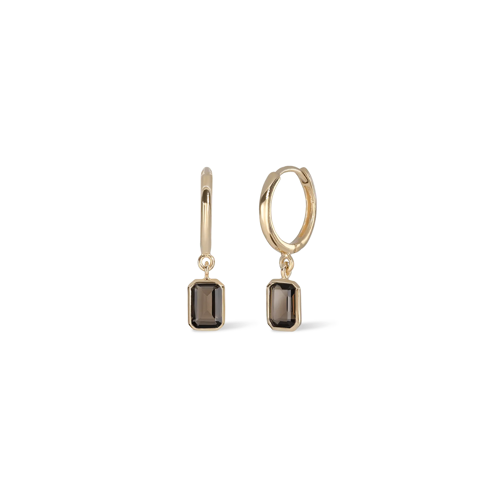 BEATTI Hoops Gold / Smoky Quartz Nora • Emerald Cut Genuine Smoky Quartz Hoop Earrings JFE3114 SQ GOLD Nora • Emerald Cut Genuine Smoky Quartz Hoop Earrings