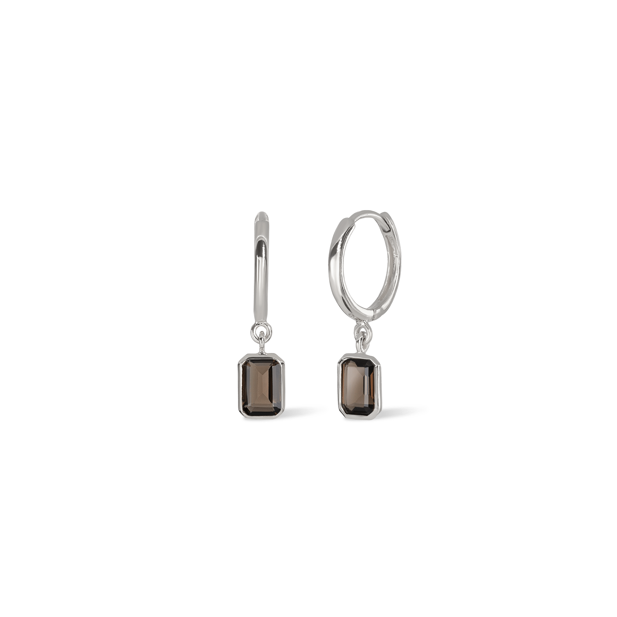 BEATTI Hoops Silver / Smoky Quartz Nora • Emerald Cut Genuine Smoky Quartz Hoop Earrings JFE3114 SQ SILVER Nora • Emerald Cut Genuine Smoky Quartz Hoop Earrings