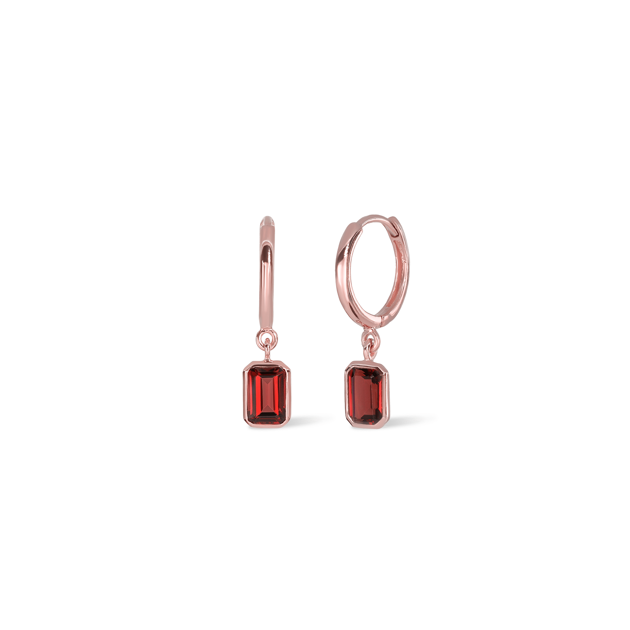 BEATTI Hoops Rose Gold / Garnet Nora • Emerald Cut Genuine Topaz Hoop Earrings Garnet JFE3114 G RG Nora • Emerald Cut Genuine Topaz Hoop Earrings Garnet