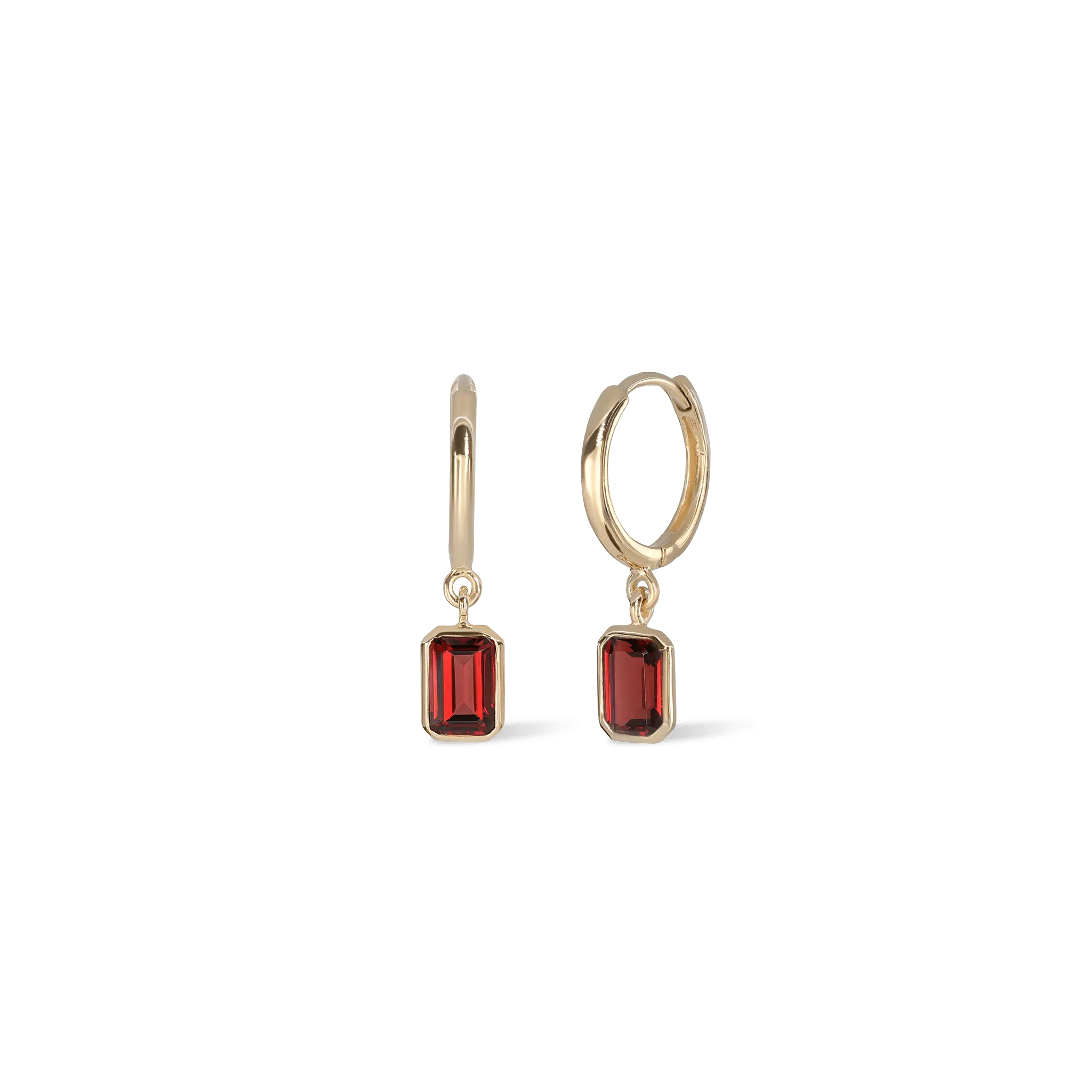BEATTI Hoops Gold / Garnet Nora • Emerald Cut Genuine Topaz Hoop Earrings Garnet JFE3114 G YG Nora • Emerald Cut Genuine Topaz Hoop Earrings Garnet