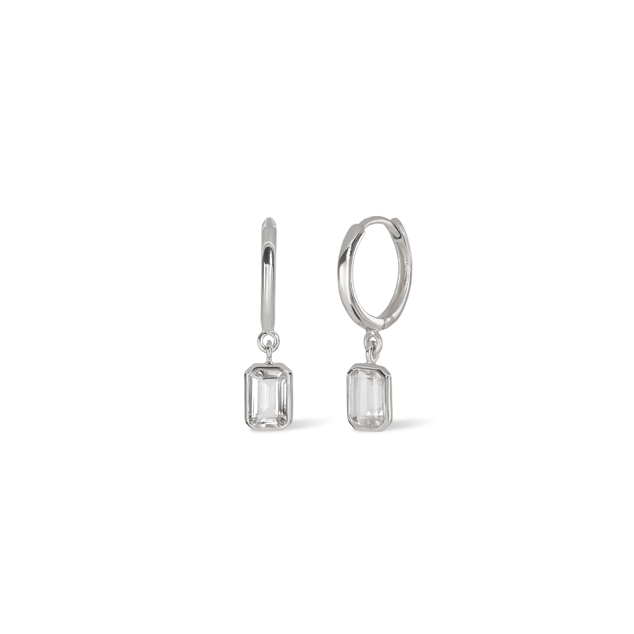 BEATTI Hoops Silver / White Topaz Nora • Emerald Cut Genuine Topaz Hoop Earrings JFE3114 TW SV Nora • Emerald Cut Genuine Topaz Hoop Earrings