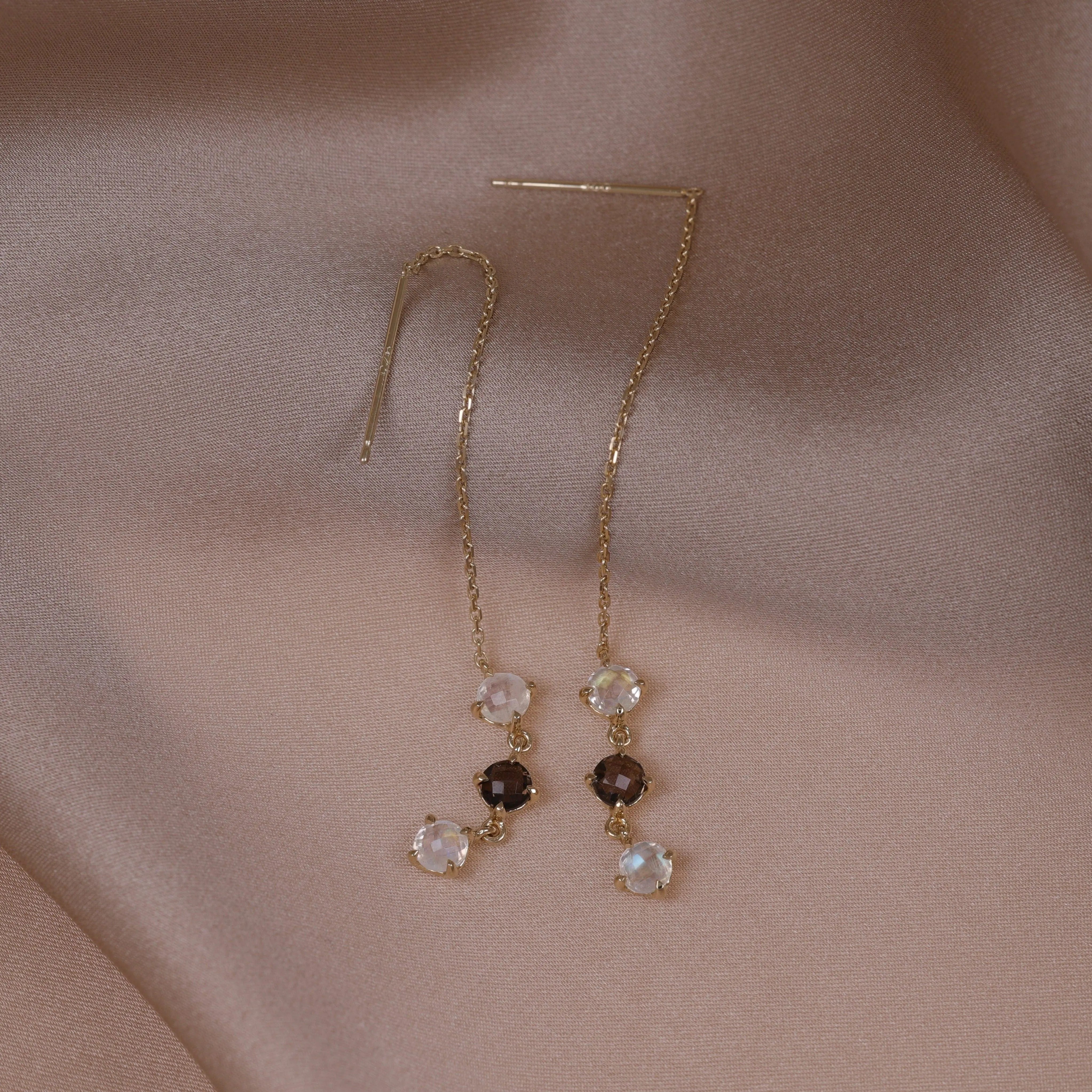 BEATTI Threaders Gold / Rainbow Moonstone / Smoky Quartz Ramona • Natural Gemstone Threader Earrings JFE1783 MRSQ Ramona • Natural Gemstone Threader Earrings