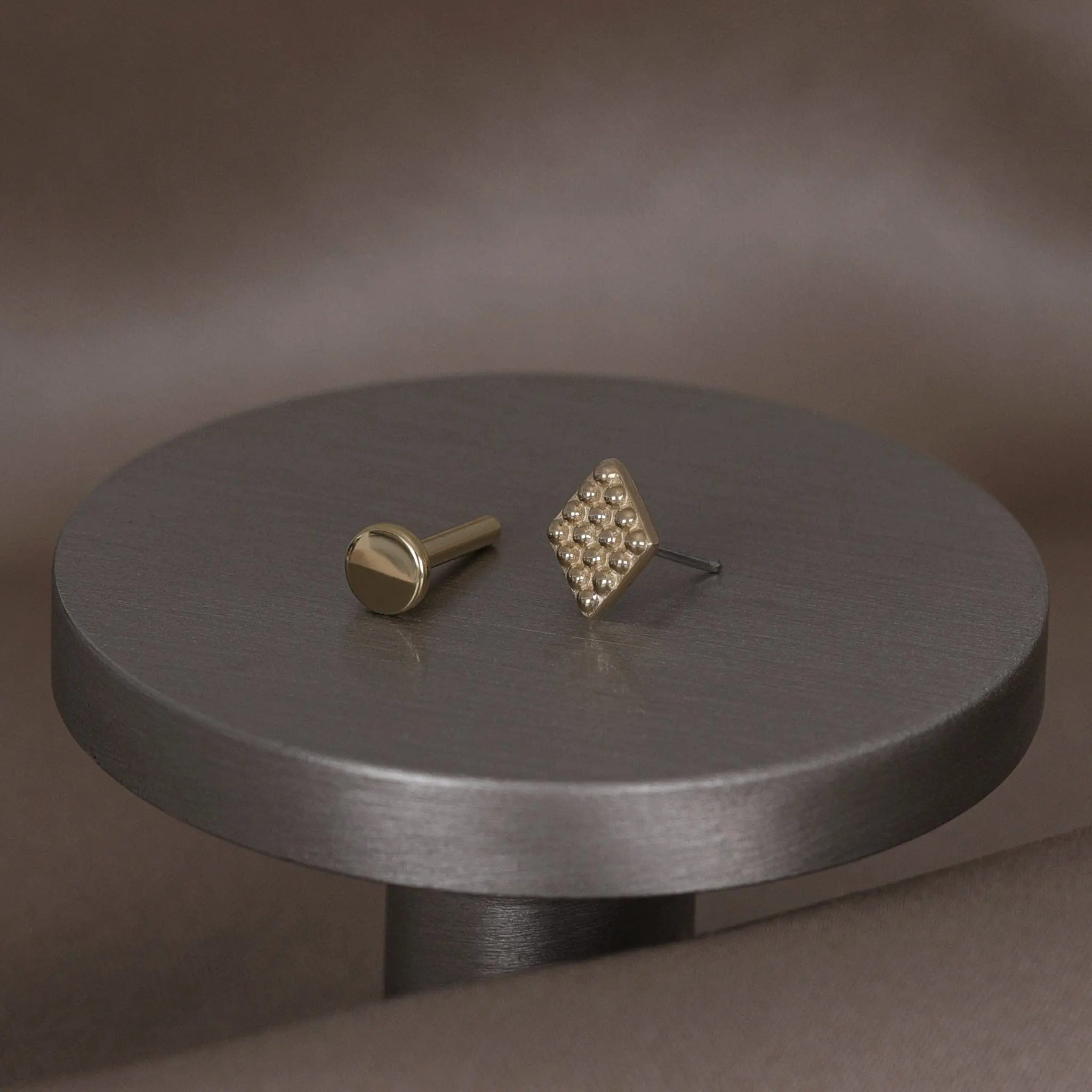 BEATTI Threadless Ends Gold / 16g/5mm 14k Gold Beaded Textured Rhombus Flat Back Stud 14k Gold Beaded Textured Rhombus Flat Back Stud