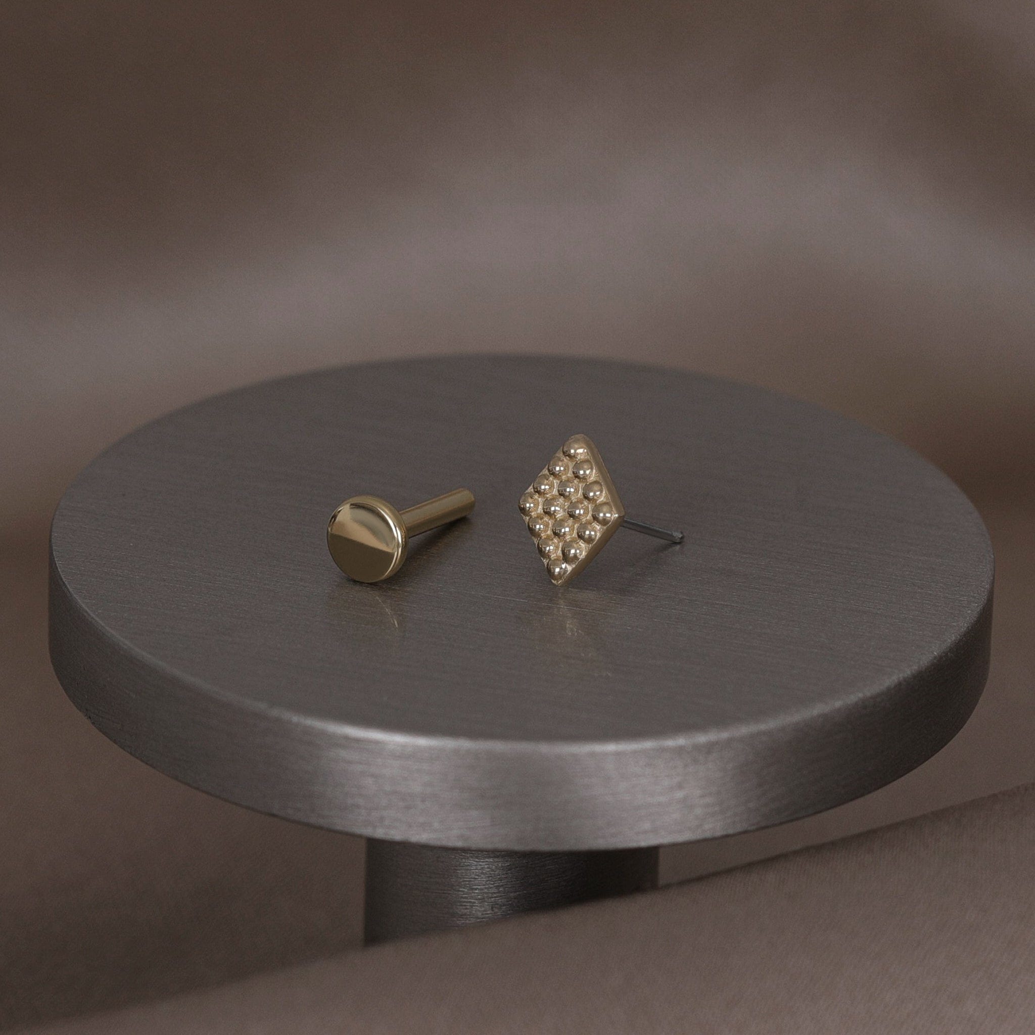 BEATTI Threadless Ends Gold / 16g/5mm 14k Gold Beaded Textured Rhombus Flat Back Stud 14k Gold Beaded Textured Rhombus Flat Back Stud