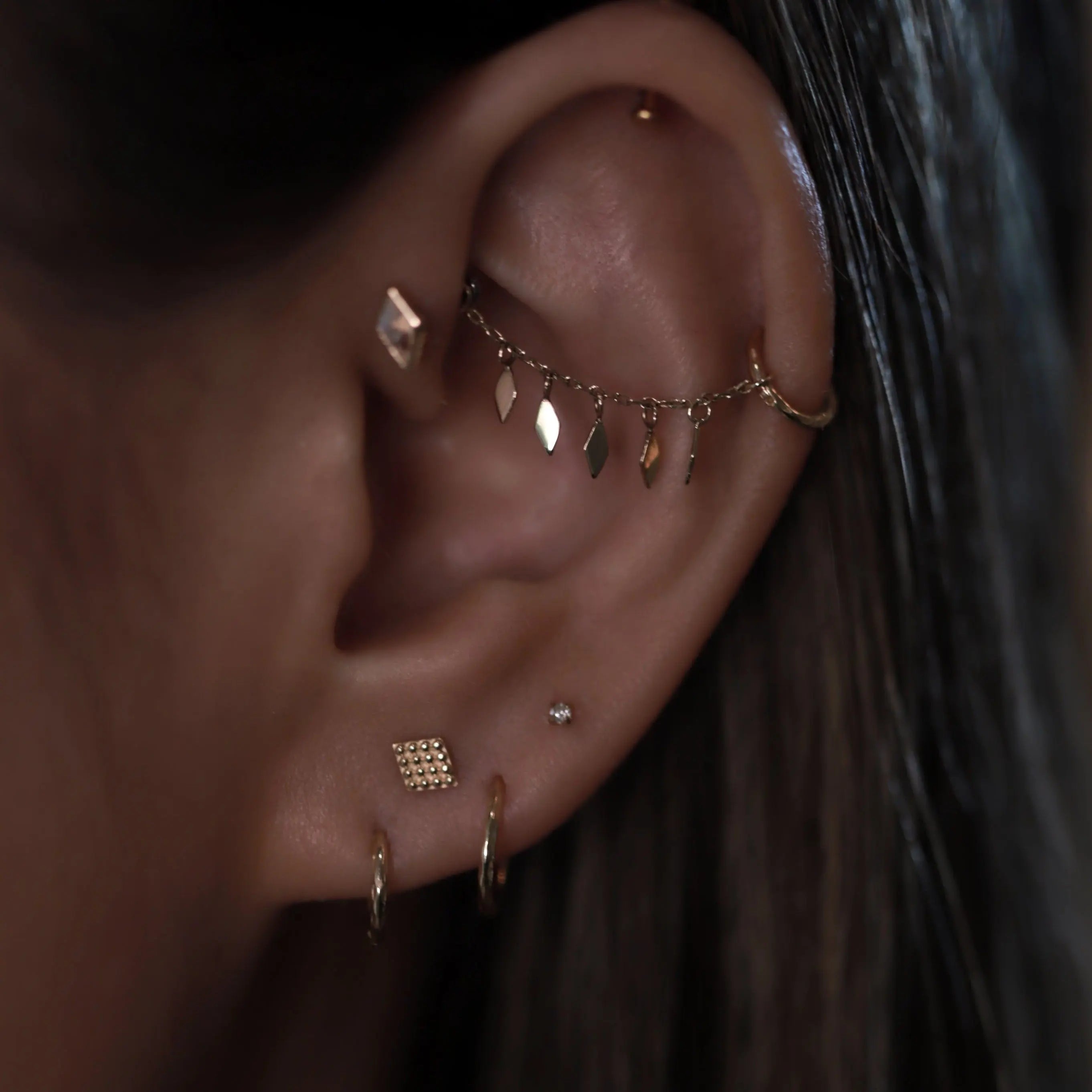 BEATTI Threadless Ends 14k Gold Beaded Textured Rhombus Flat Back Stud 14k Gold Beaded Textured Rhombus Flat Back Stud