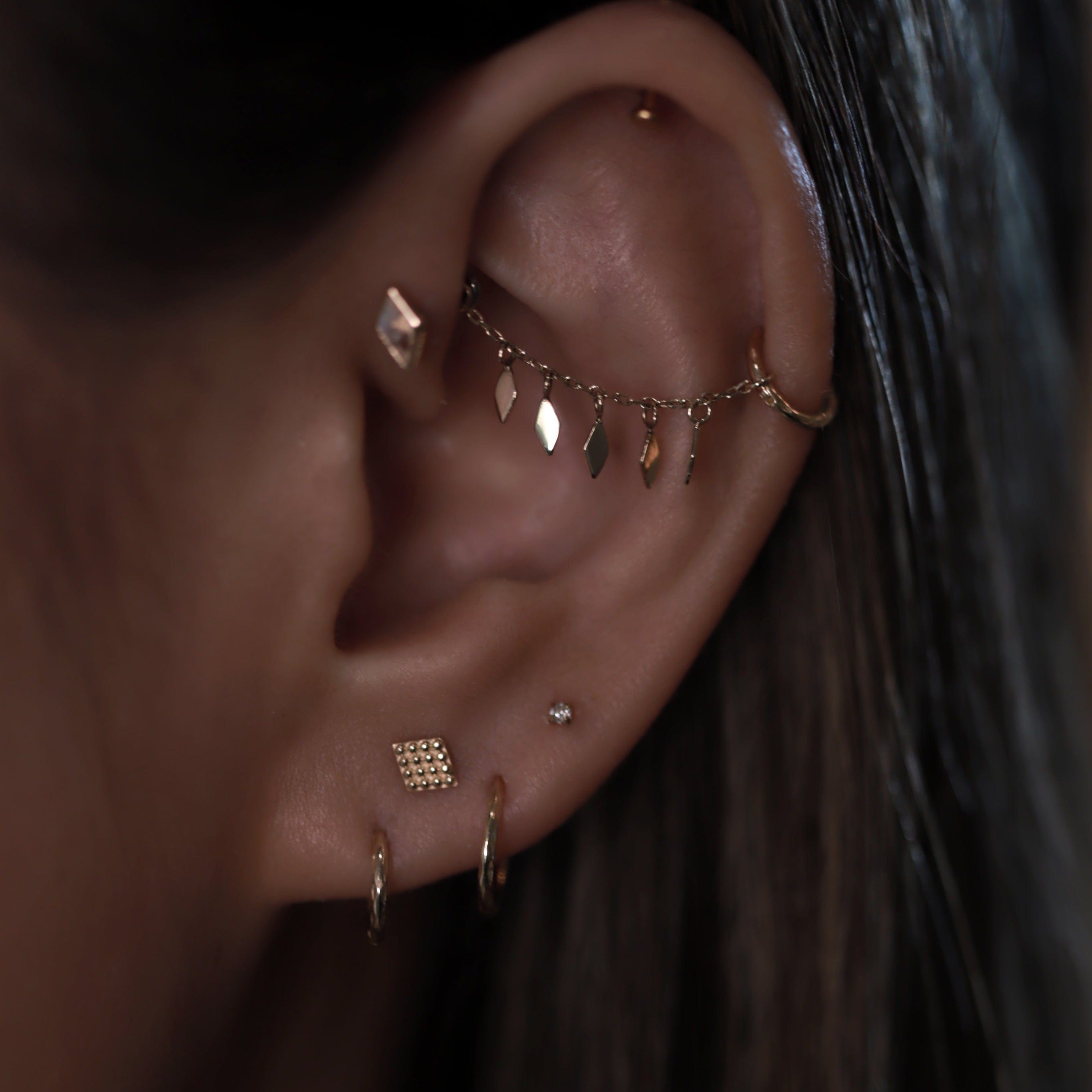 BEATTI Threadless Ends 14k Gold Beaded Textured Rhombus Flat Back Stud 14k Gold Beaded Textured Rhombus Flat Back Stud