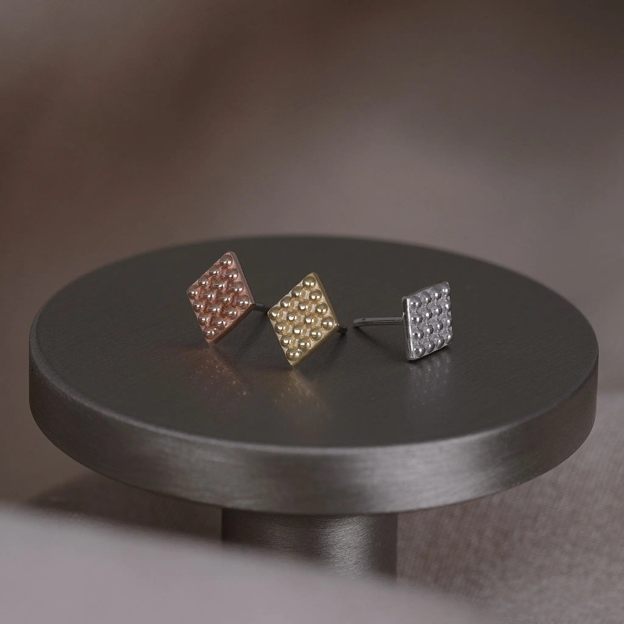 BEATTI Threadless Ends 14k Gold Beaded Textured Rhombus Flat Back Stud 14k Gold Beaded Textured Rhombus Flat Back Stud