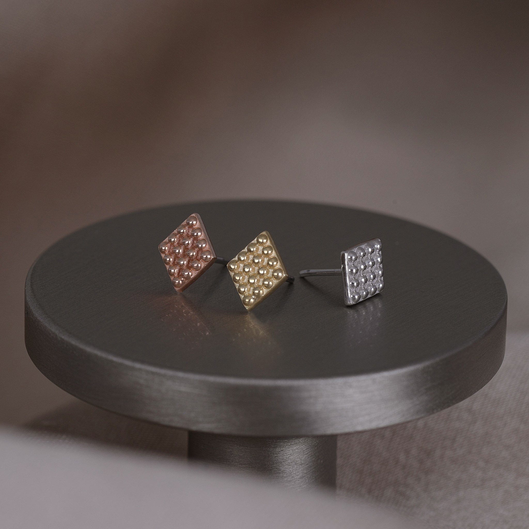 BEATTI Threadless Ends 14k Gold Beaded Textured Rhombus Flat Back Stud 14k Gold Beaded Textured Rhombus Flat Back Stud