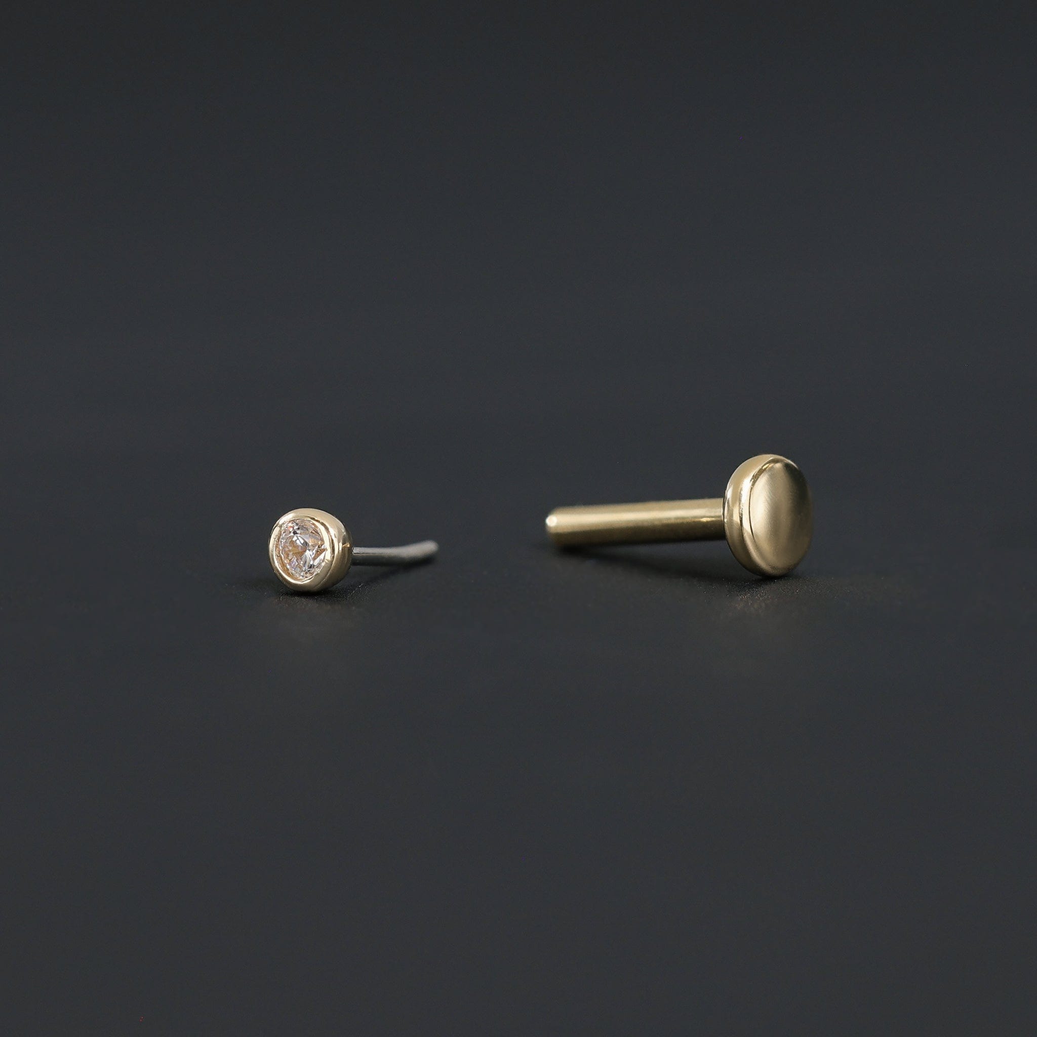 BEATTI Threadless Ends 14K Gold Tiny 2mm Bezel CZ Flat Back Stud 14K Gold Tiny 2mm Bezel CZ Flat Back Stud