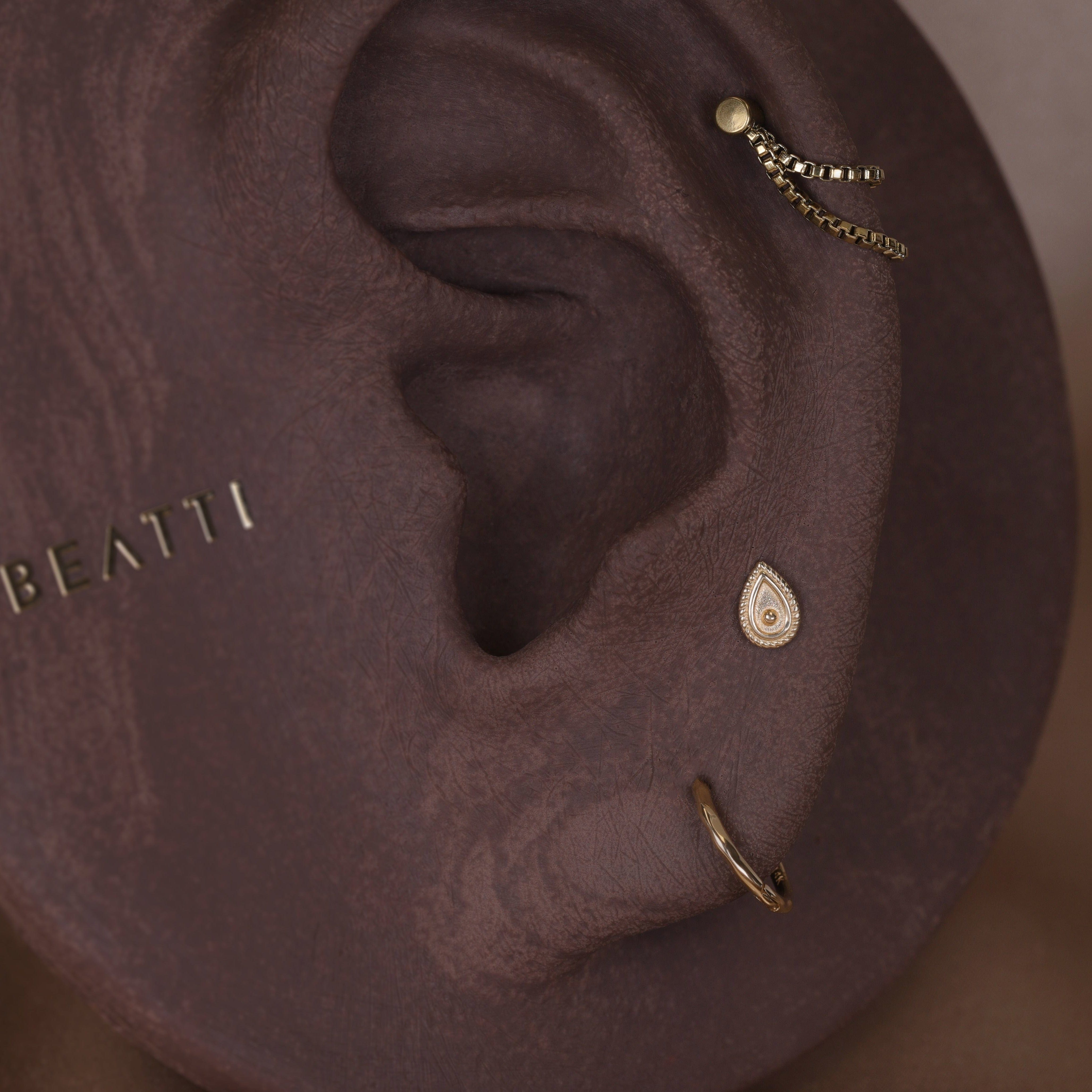 BEATTI Threadless Ends 14K Solid Gold Tiny Ornate Droplet Flat Back Earring 14K Solid Gold Tiny Ornate Droplet Flat Back Earring