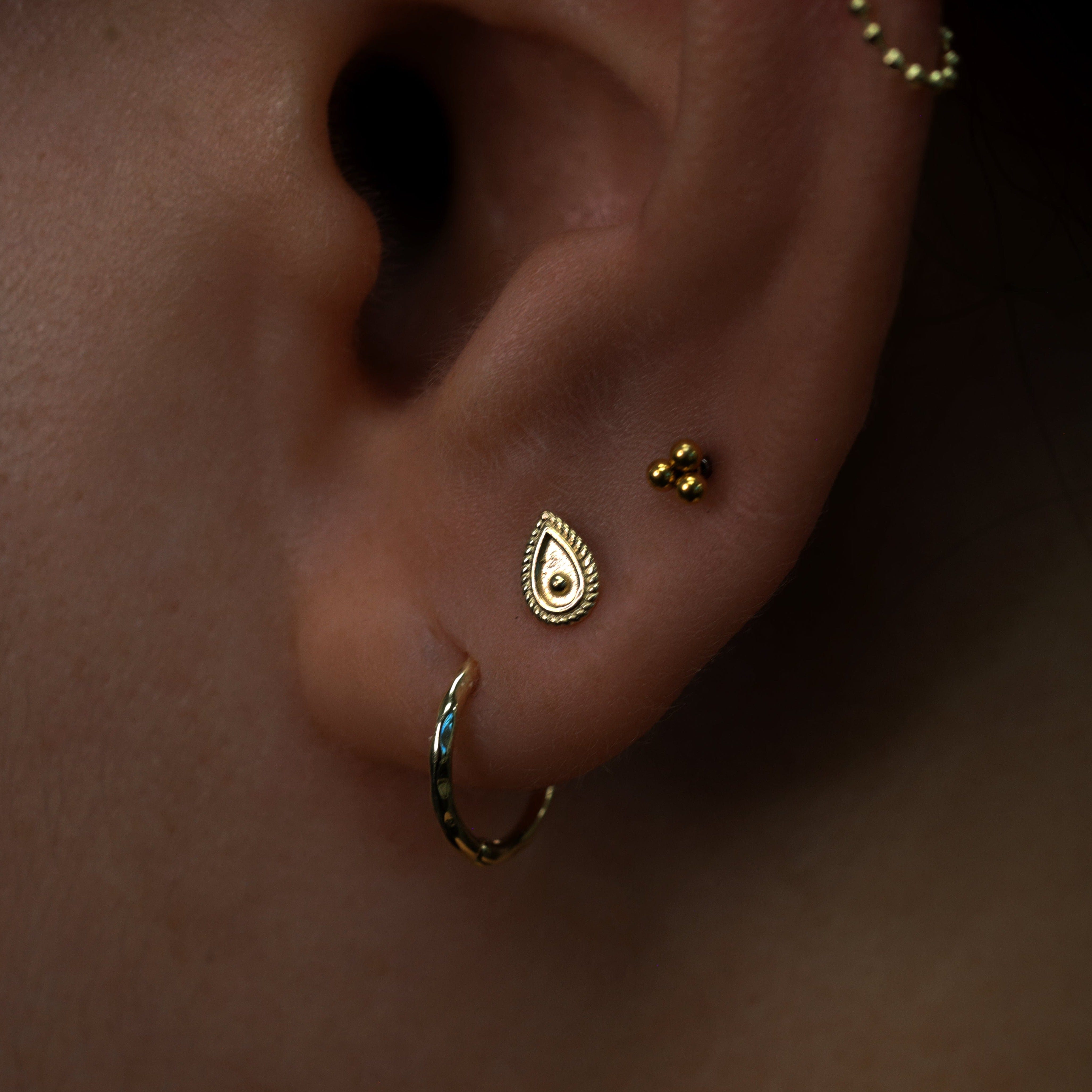 BEATTI Threadless Ends 14K Solid Gold Tiny Ornate Droplet Flat Back Earring 14K Solid Gold Tiny Ornate Droplet Flat Back Earring