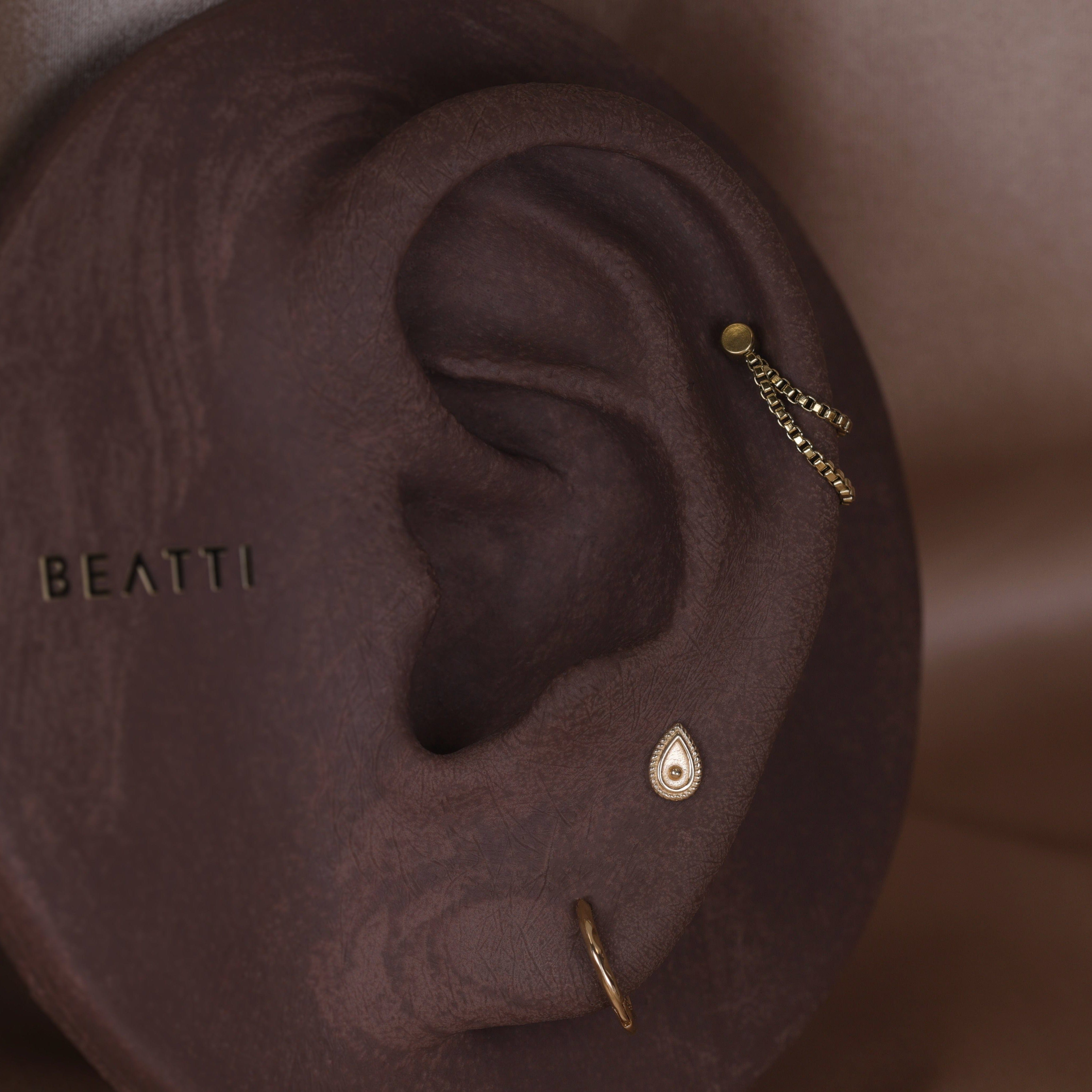 BEATTI Threadless Ends 14K Solid Gold Tiny Ornate Droplet Flat Back Earring 14K Solid Gold Tiny Ornate Droplet Flat Back Earring