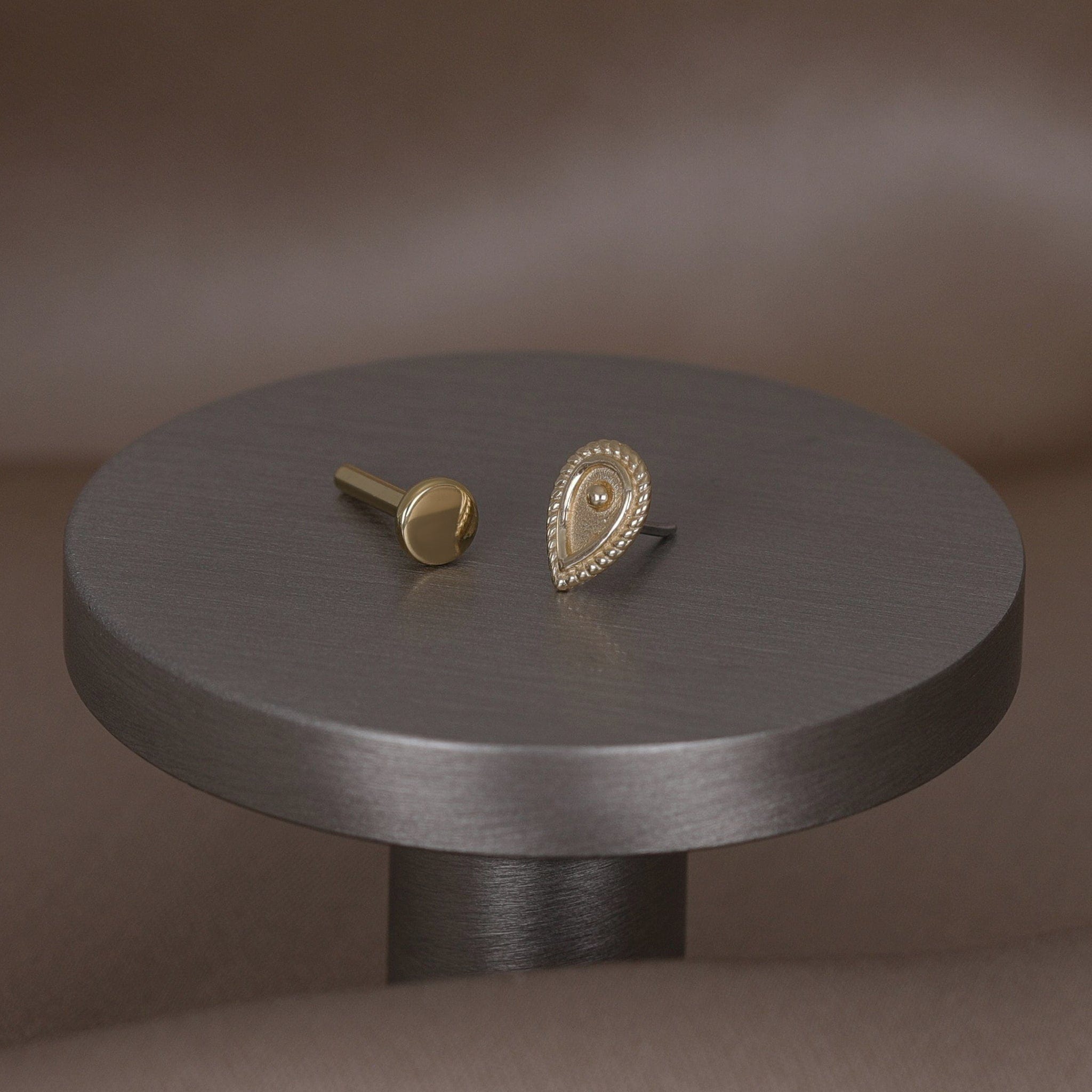 BEATTI Threadless Ends 14K Solid Gold Tiny Ornate Droplet Flat Back Earring 14K Solid Gold Tiny Ornate Droplet Flat Back Earring