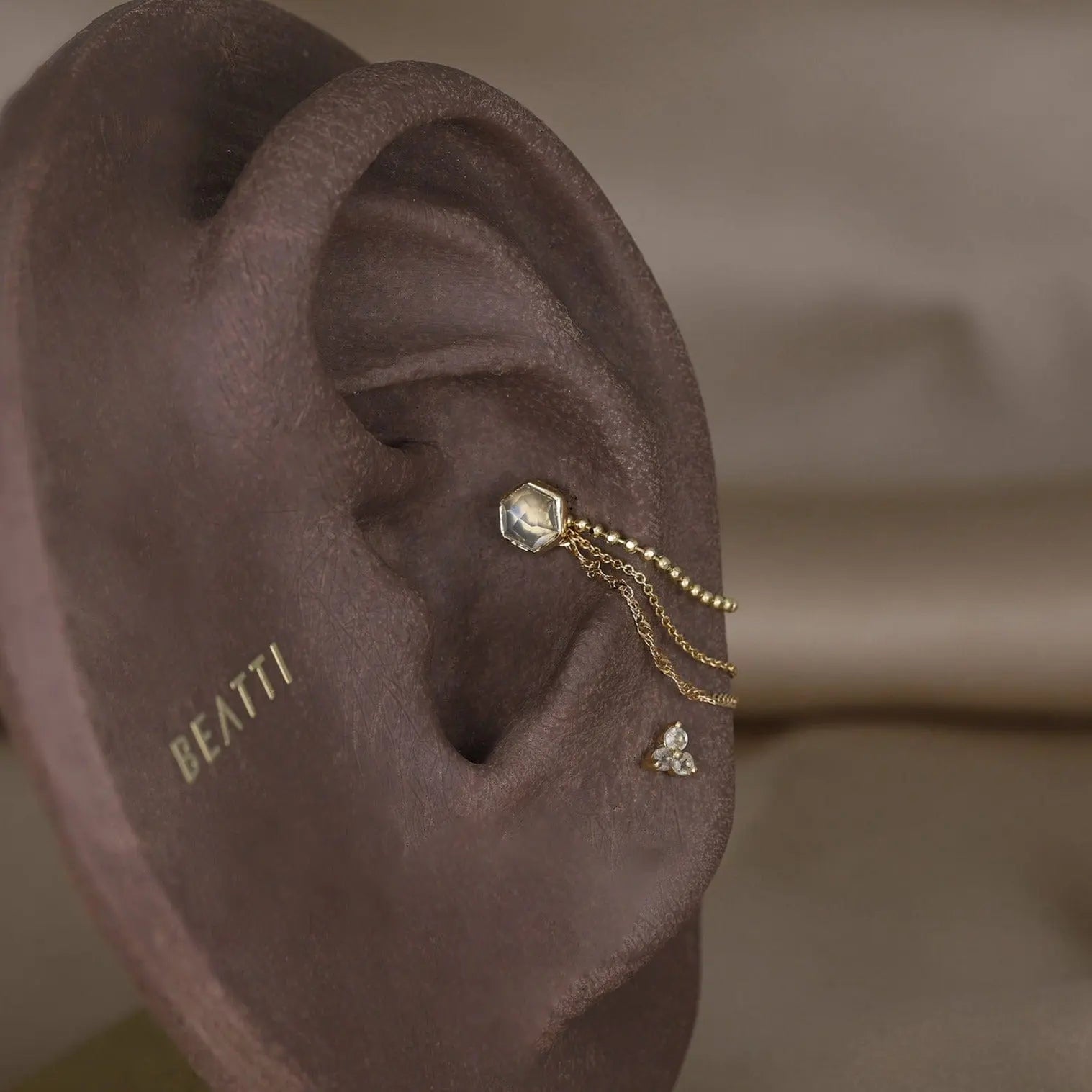 BEATTI Threadless Ends Gold / Grey Moonstone Aria • 14K Gold Honeycomb Gemstone Threadless Ends • Grey Moonstone BTEG007 Aria • 14K Gold Honeycomb Gemstone Threadless Ends • Grey Moonstone