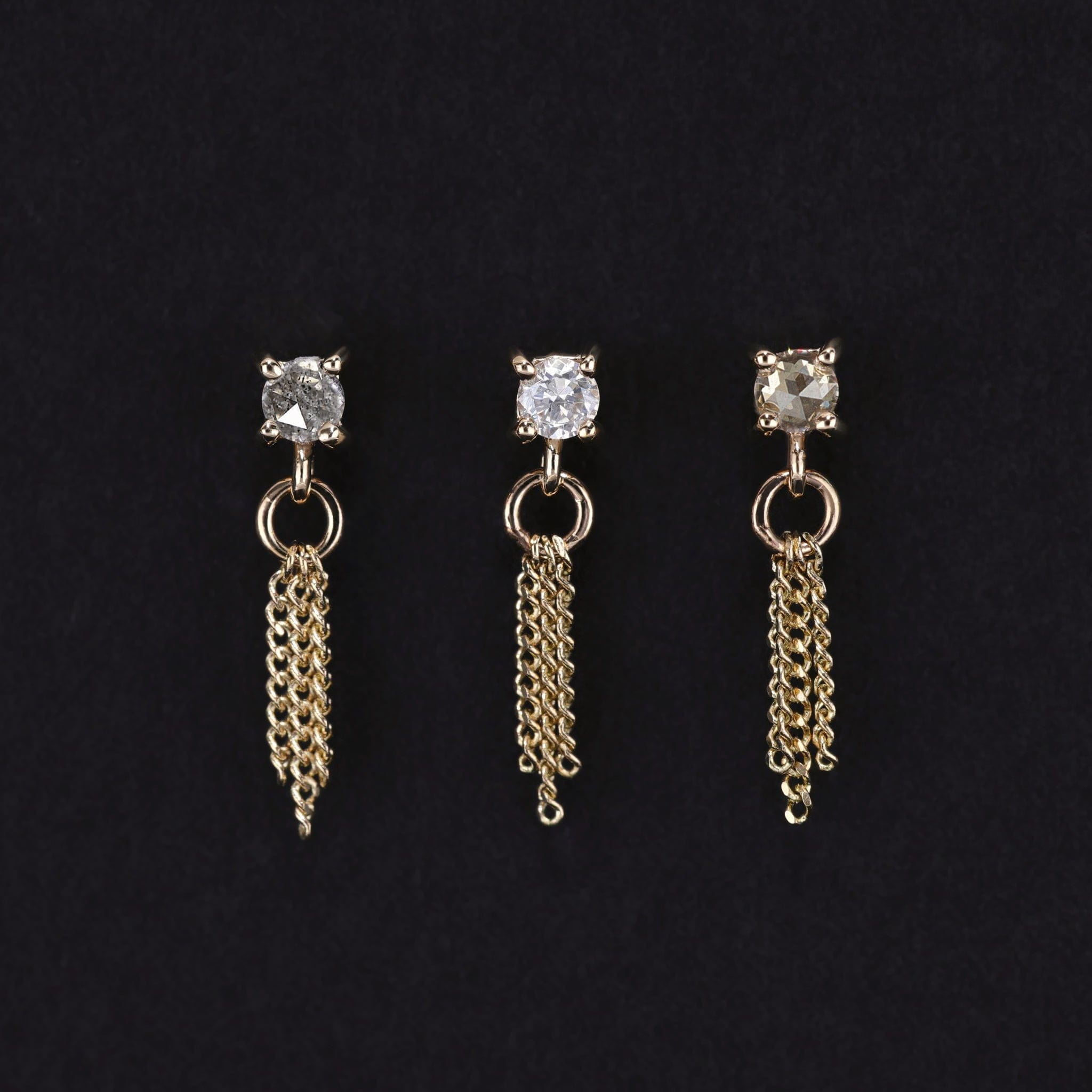 BEATTI Threadless Ends Gold / Salt and Pepper Diamond Breeze • 2mm Rose Cut Salt and Pepper Diamond 3 Curb Chain Tassel BTEG040-STP Breeze • 2mm Rose Cut Salt and Pepper Diamond 3 Curb Chain Tassel