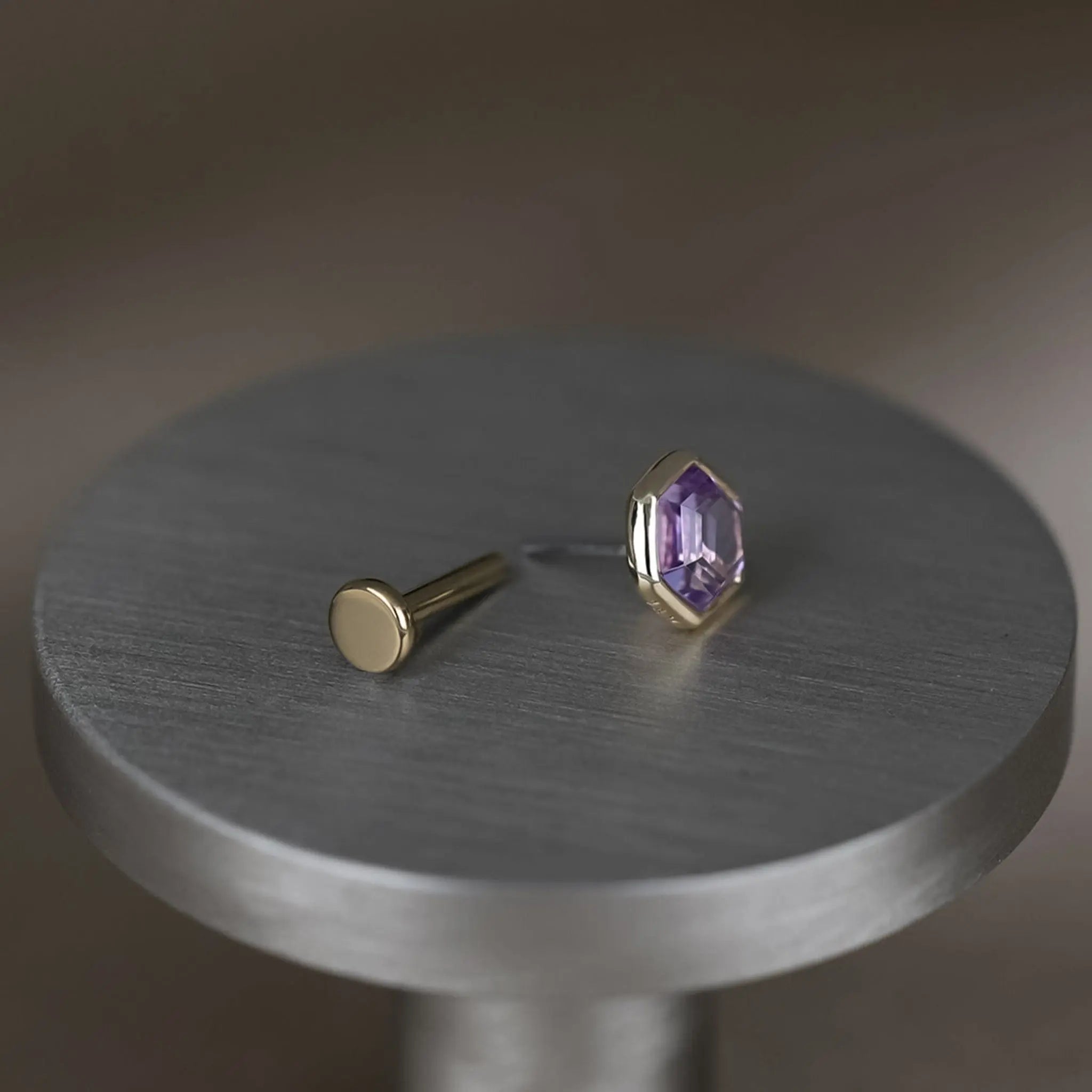 BEATTI Threadless Ends Ela • 14K Gold Hexagon Gemstone Threadless Ends Ela • 14K Gold Hexagon Gemstone Threadless Ends • London Blue Topaz