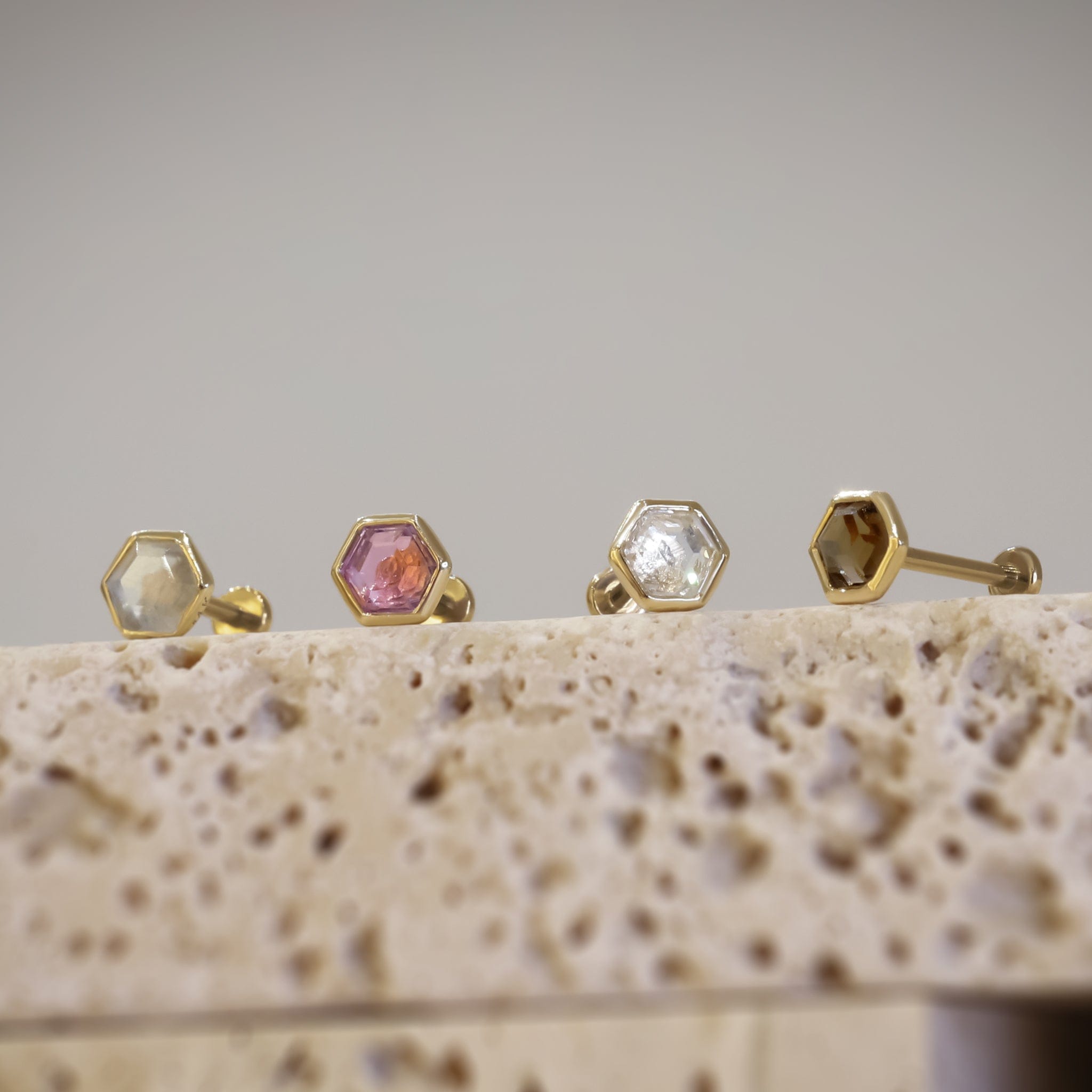 BEATTI Threadless Ends Gold / Grey Moonstone Ela • 14K Gold Hexagon Gemstone Threadless Ends • Grey Moonstone BTEG006 Ela • 14K Gold Hexagon Gemstone Threadless Ends • Grey Moonstone