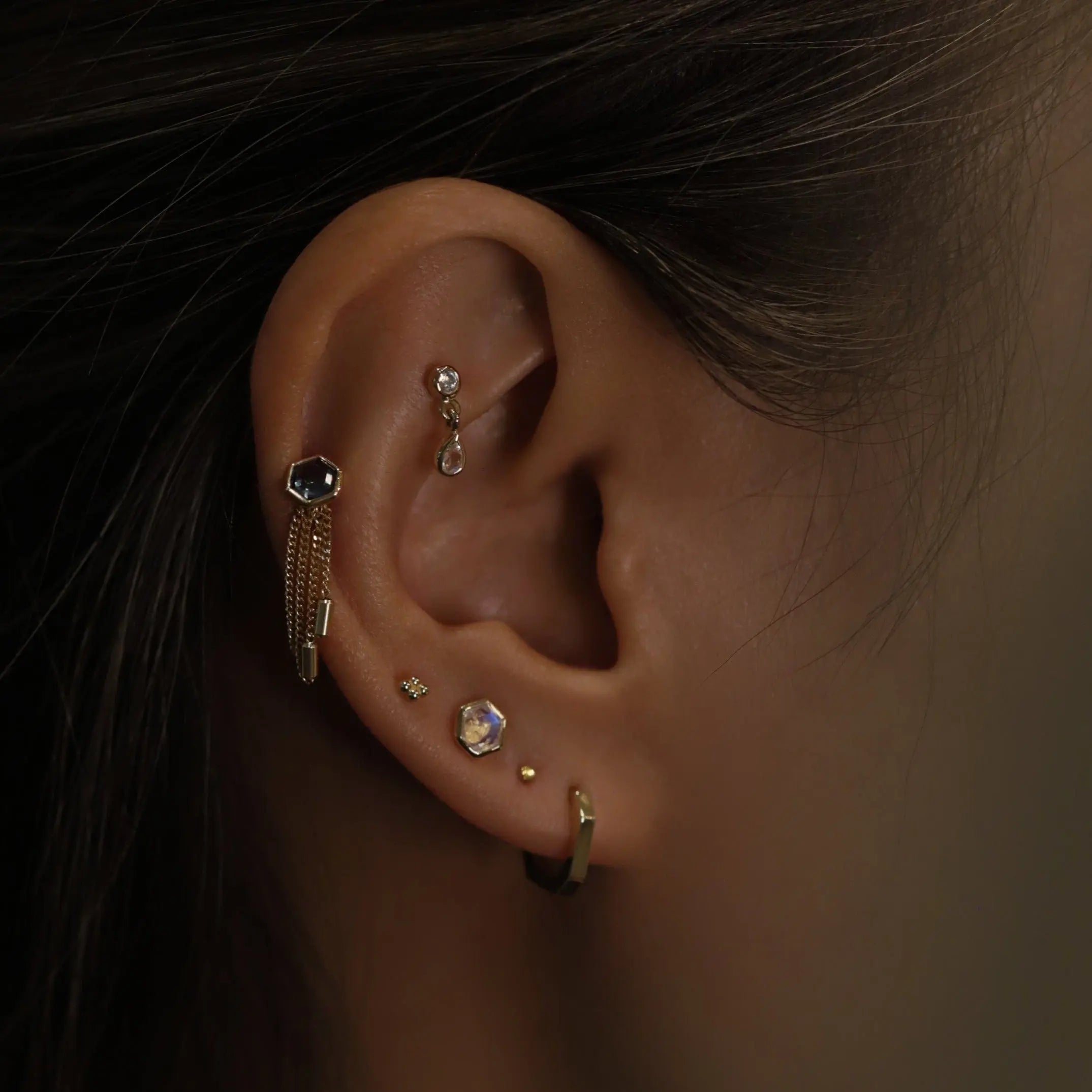 BEATTI Threadless Ends Ela • 14K Gold Hexagon Gemstone Threadless Ends • London Blue Topaz Ela • 14K Gold Hexagon Gemstone Threadless Ends • London Blue Topaz