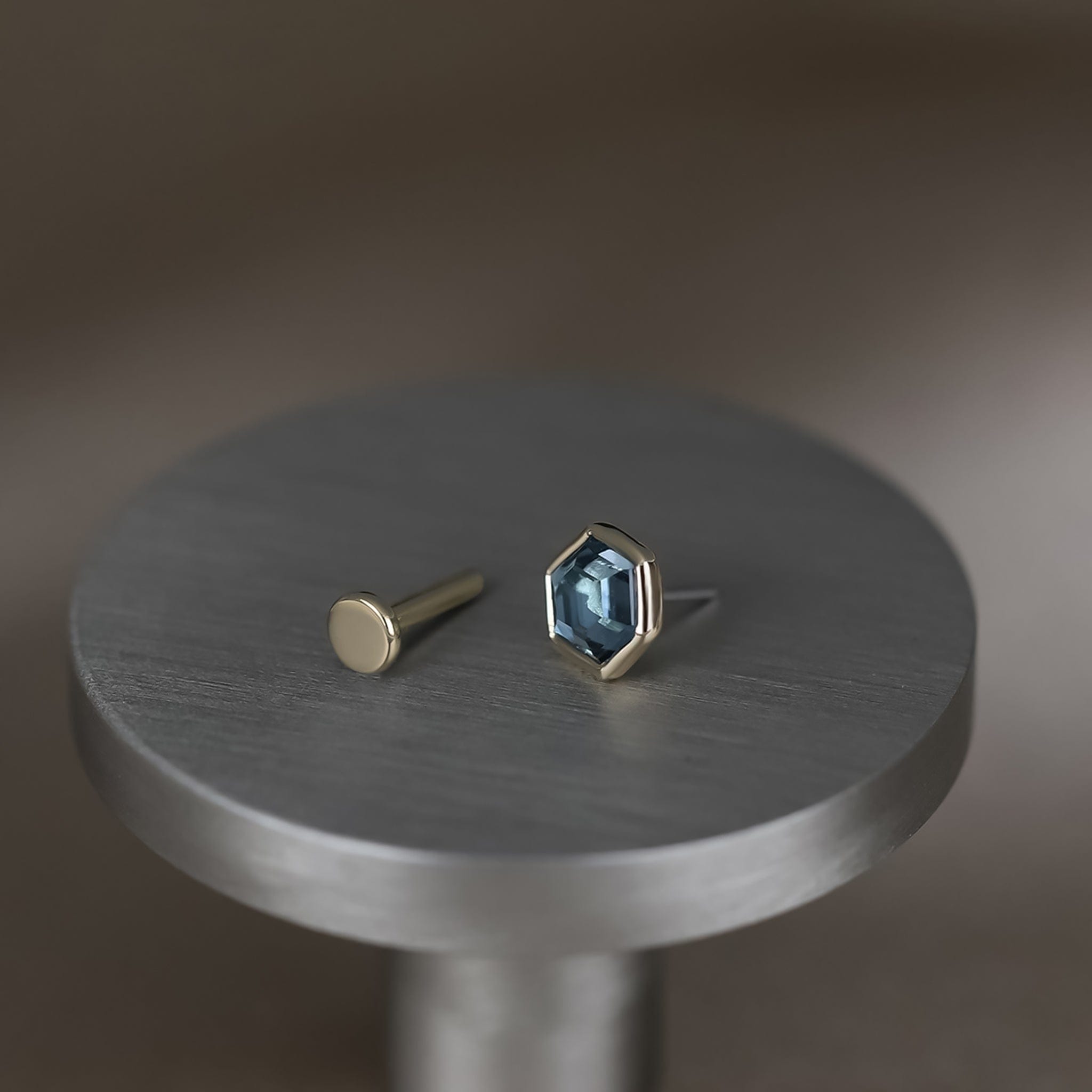 BEATTI Threadless Ends Ela • 14K Gold Hexagon Gemstone Threadless Ends • London Blue Topaz Ela • 14K Gold Hexagon Gemstone Threadless Ends • London Blue Topaz