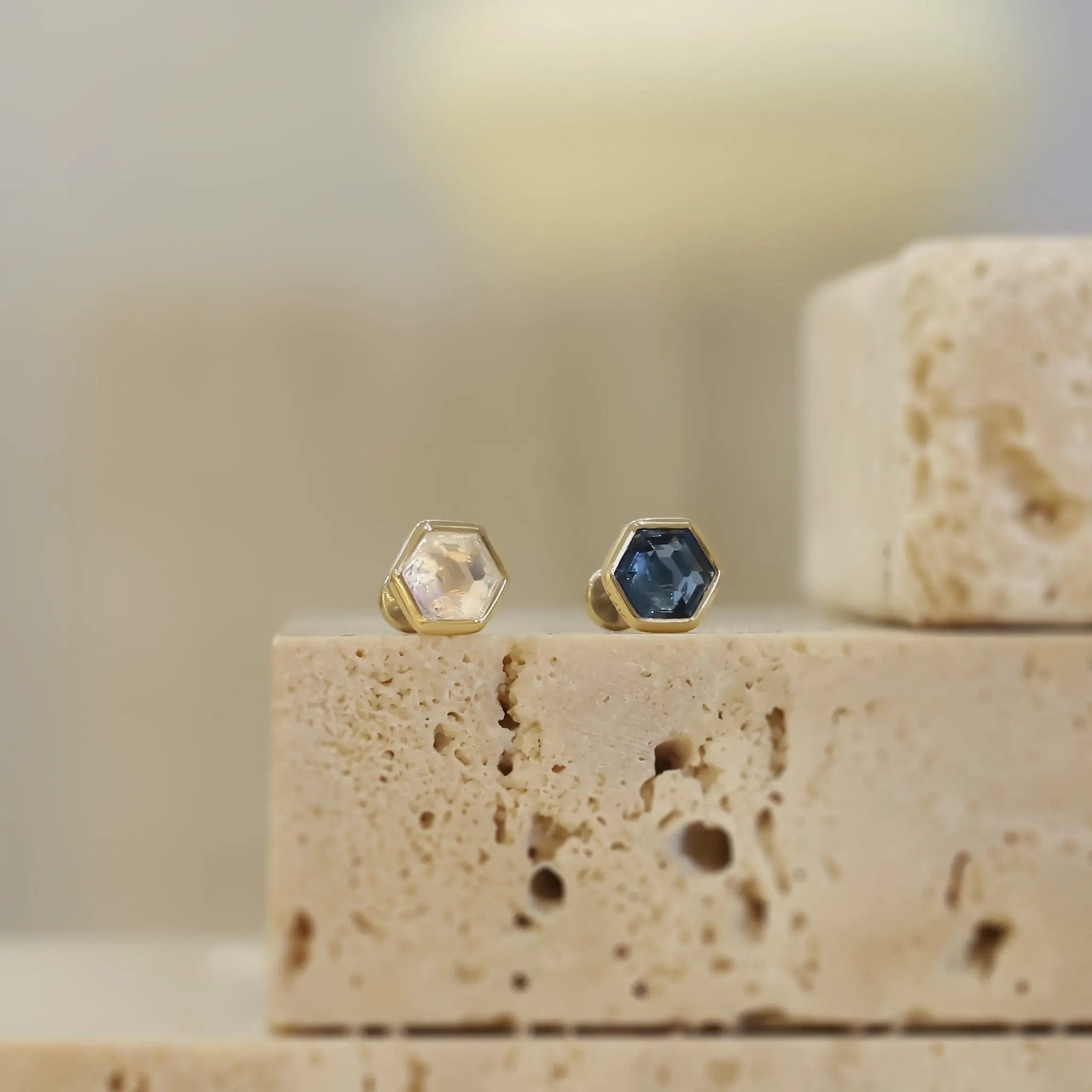 BEATTI Threadless Ends Ela • 14K Gold Hexagon Gemstone Threadless Ends • London Blue Topaz Ela • 14K Gold Hexagon Gemstone Threadless Ends • London Blue Topaz