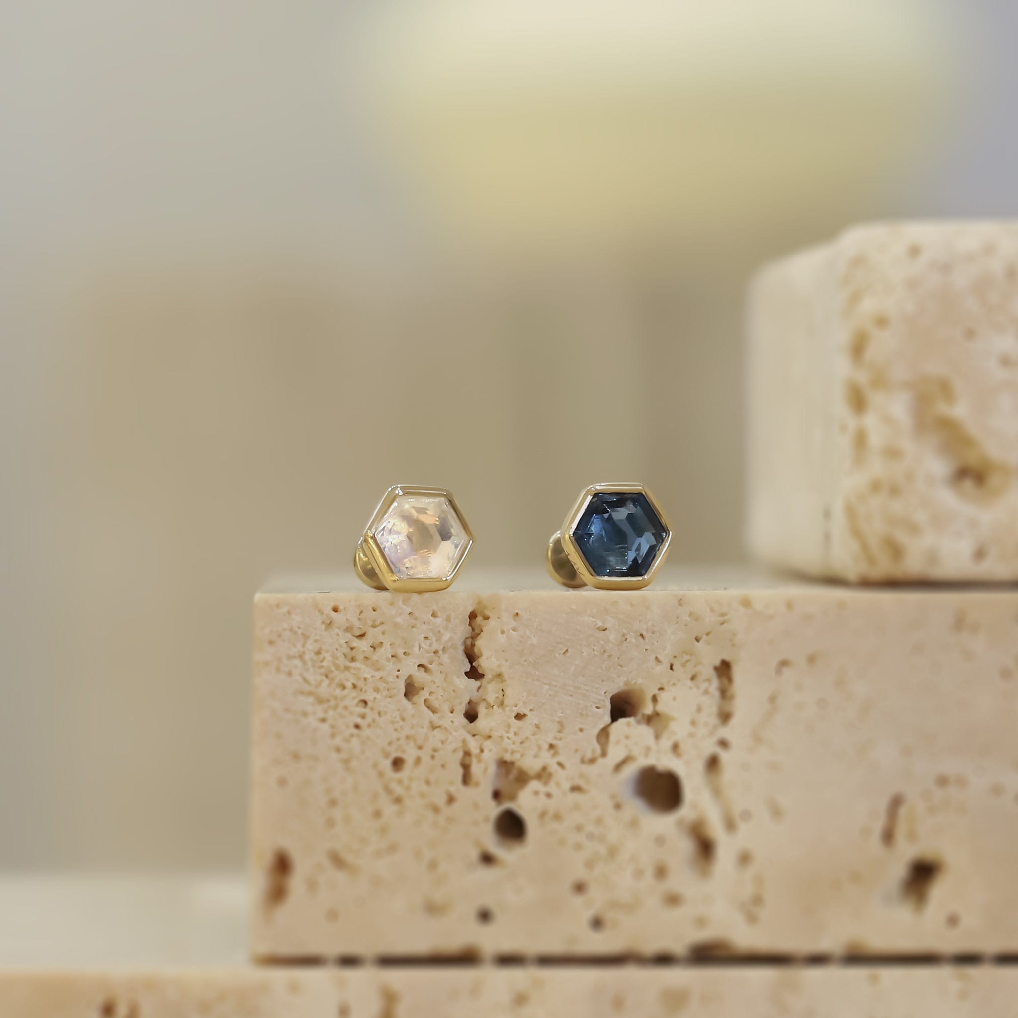 BEATTI Threadless Ends Ela • 14K Gold Hexagon Gemstone Threadless Ends • London Blue Topaz Ela • 14K Gold Hexagon Gemstone Threadless Ends • London Blue Topaz