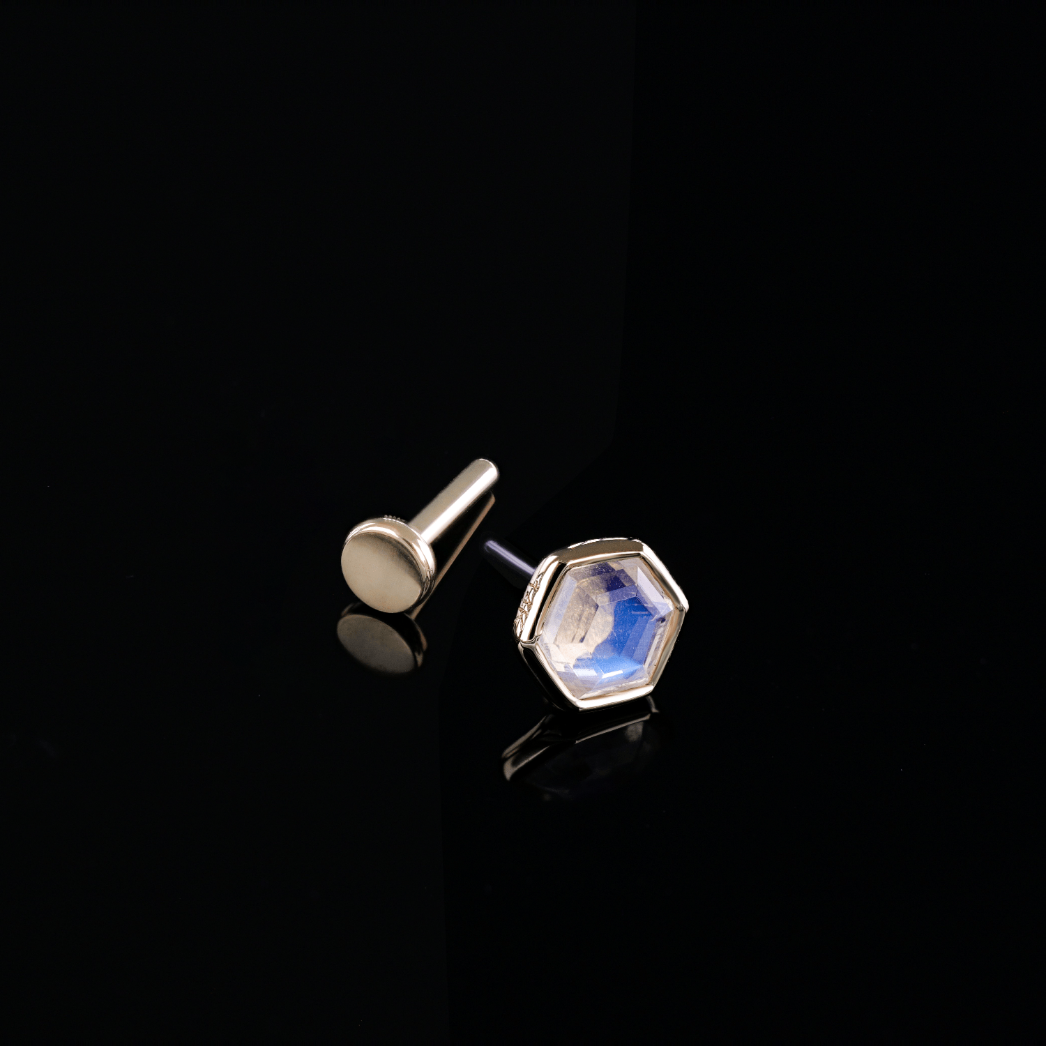 BEATTI Threadless Ends Ela • 14K Gold Hexagon Gemstone Threadless Ends • Rainbow Moonstone Ela • 14K Gold Hexagon Gemstone Threadless Ends • Rainbow Moonstone