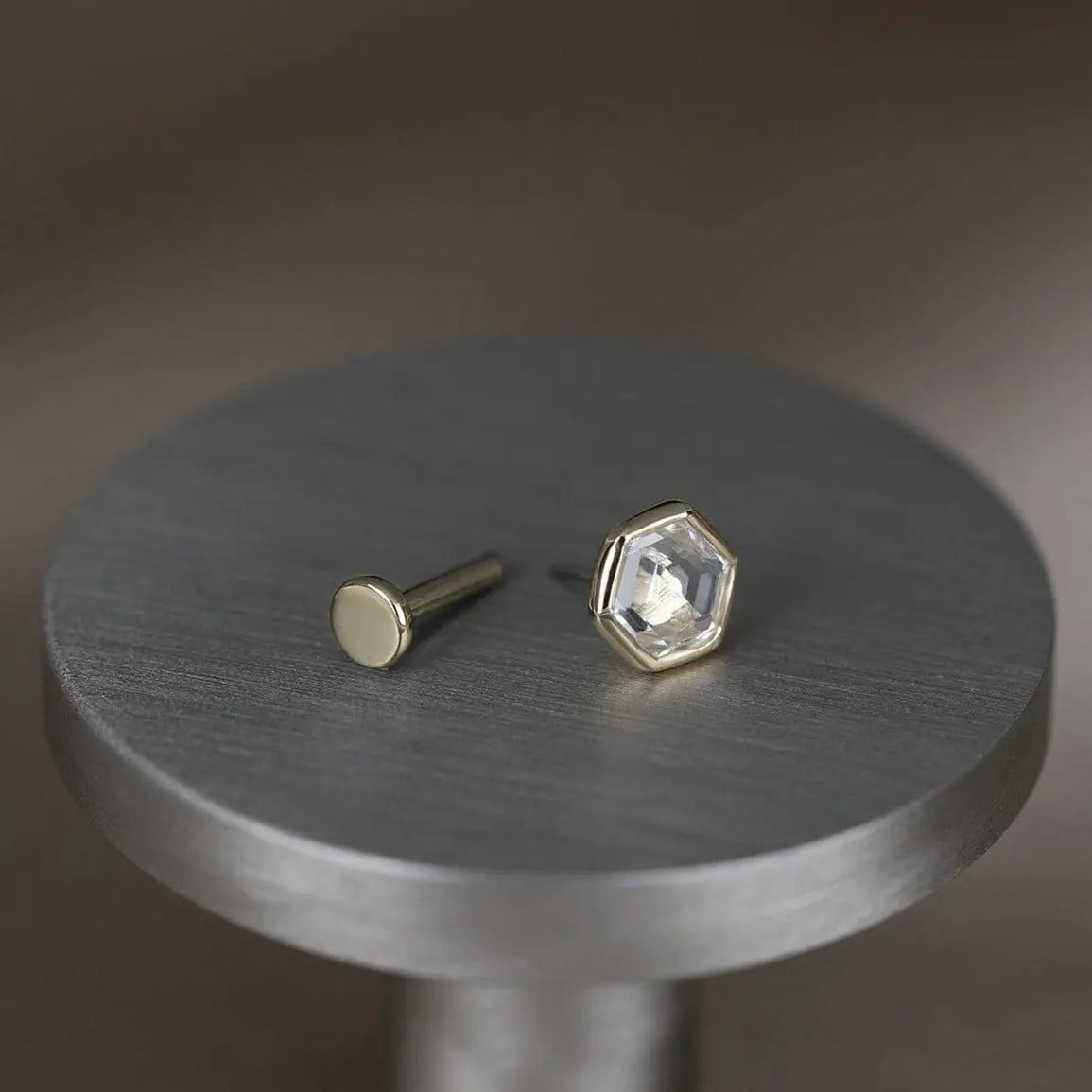 BEATTI Threadless Ends Ela • 14K Gold Hexagon Gemstone Threadless Ends Ela • 14K Gold Hexagon Gemstone Threadless Ends • London Blue Topaz