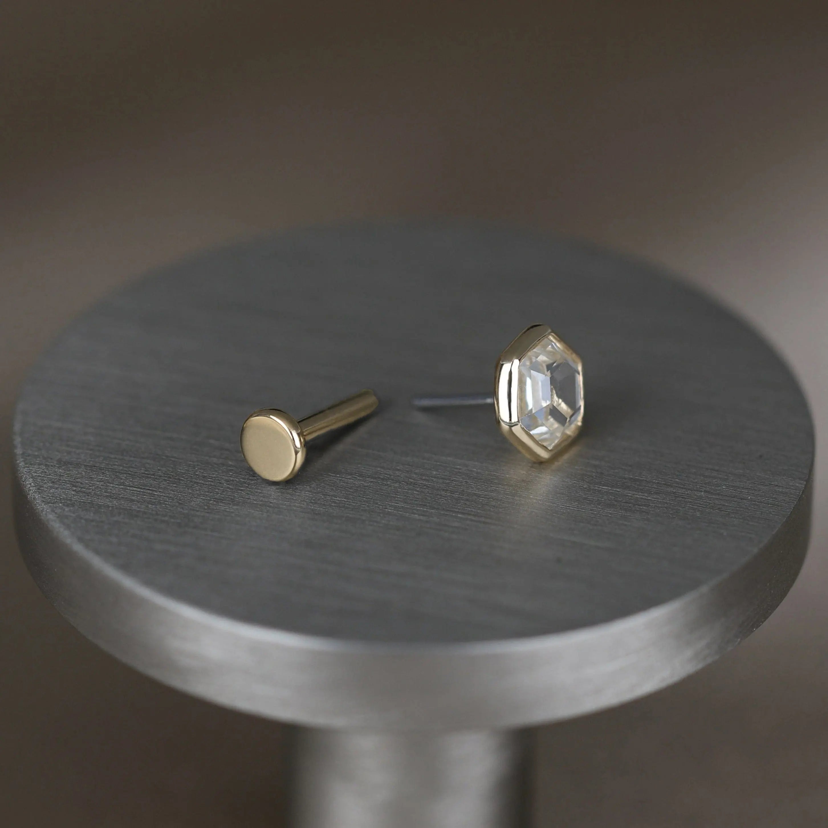 BEATTI Threadless Ends Ela • 14K Gold Hexagon Gemstone Threadless Ends Ela • 14K Gold Hexagon Gemstone Threadless Ends • London Blue Topaz