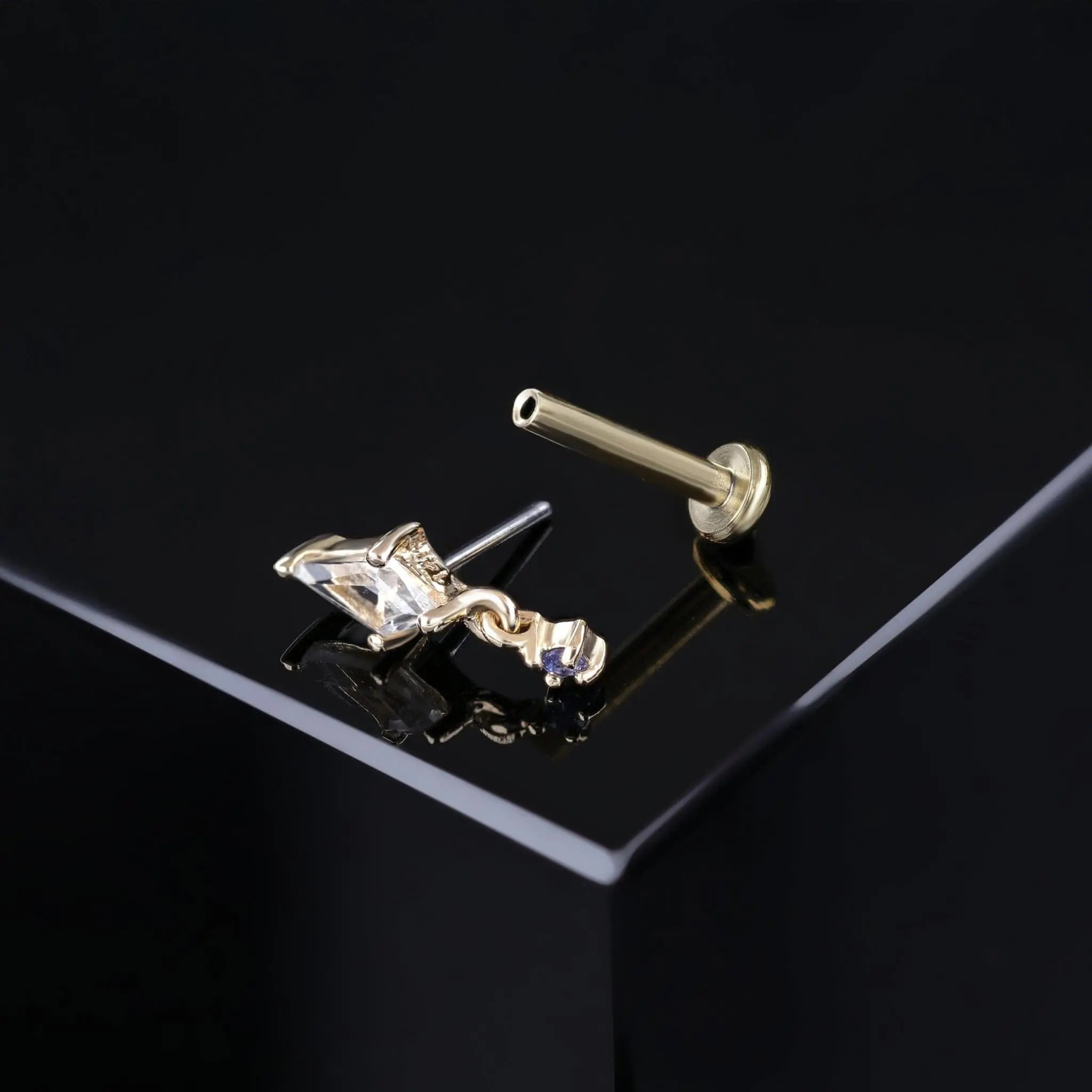 BEATTI Threadless Ends Gold / White Topaz + Blue Sapphire Lyra • Tiny Kite Shaped London Blue Sapphire Dangle Gemstone Flat Back Stud BTEG026 Lyra • Tiny Kite Shaped London Blue Sapphire Dangle Gemstone Flat Back Stud
