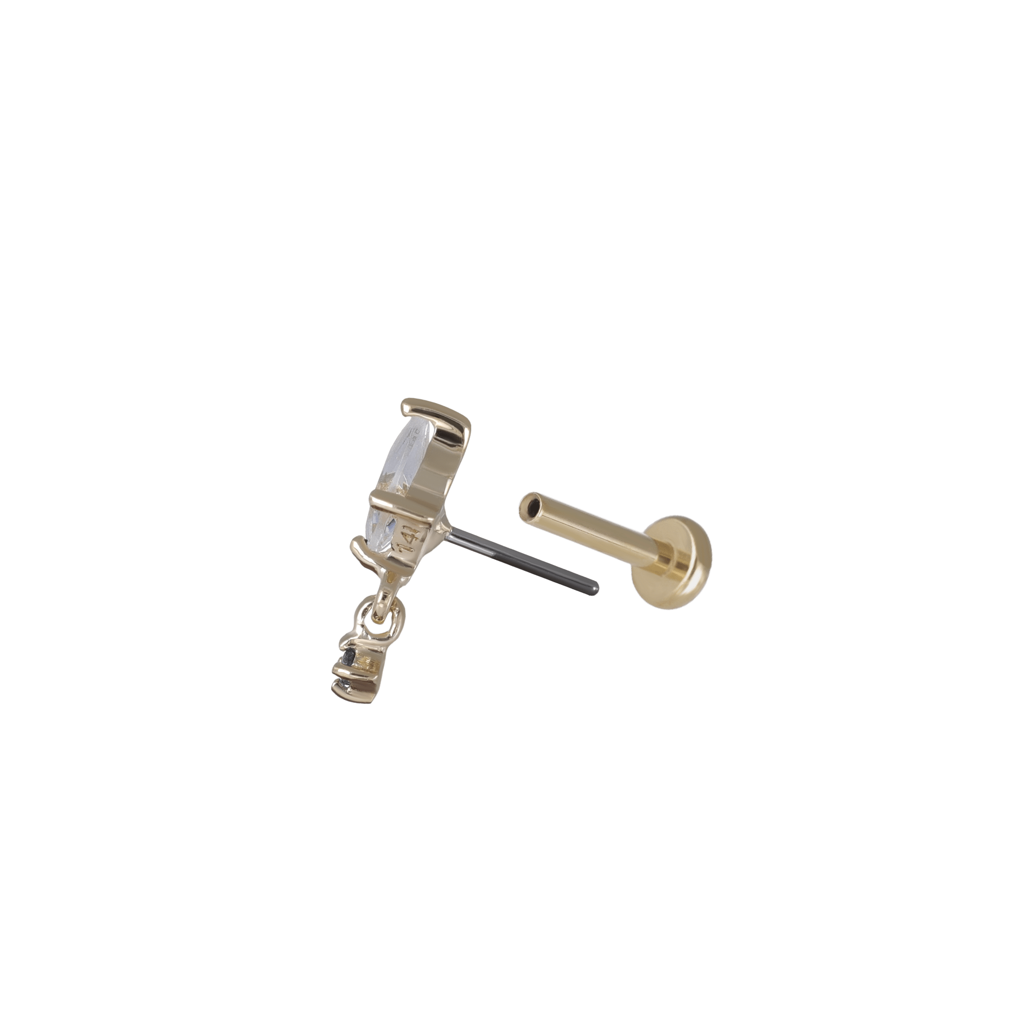 BEATTI Threadless Ends Gold / White Topaz + Blue Sapphire Lyra • Tiny Kite Shaped London Blue Sapphire Dangle Gemstone Flat Back Stud BTEG026 Lyra • Tiny Kite Shaped London Blue Sapphire Dangle Gemstone Flat Back Stud