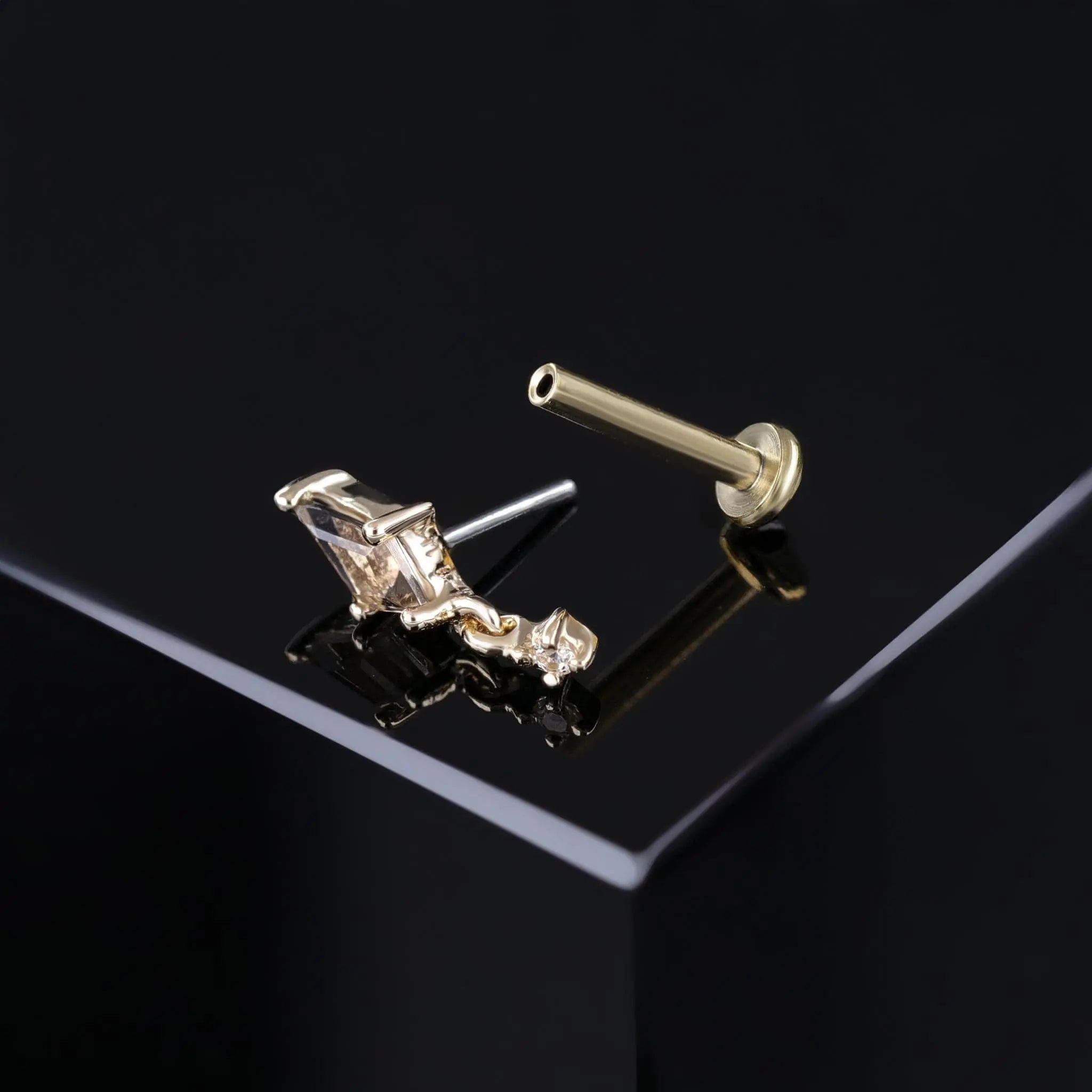 BEATTI Threadless Ends Gold / Smoky Quartz + White Topaz Lyra • Tiny Kite Shaped Smoky Quartz Dangle Charm Flat Back Stud BTEG026 Lyra • Tiny Kite Shaped Smoky Quartz Dangle Charm Flat Back Stud