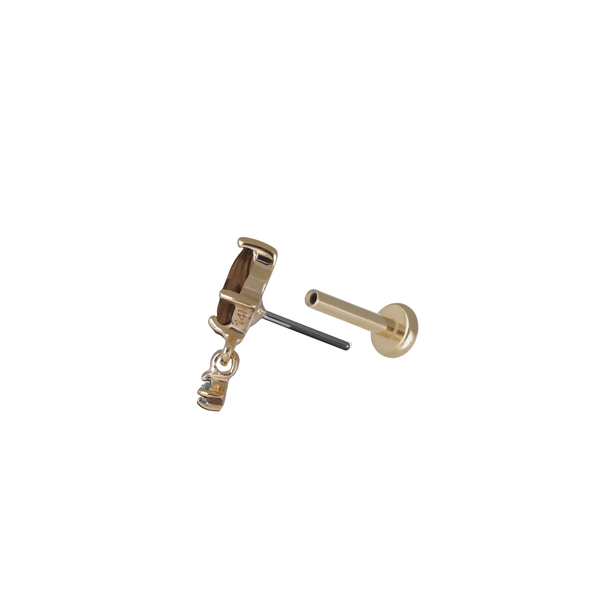 BEATTI Threadless Ends Gold / Smoky Quartz + White Topaz Lyra • Tiny Kite Shaped Smoky Quartz Dangle Charm Flat Back Stud BTEG026 Lyra • Tiny Kite Shaped Smoky Quartz Dangle Charm Flat Back Stud