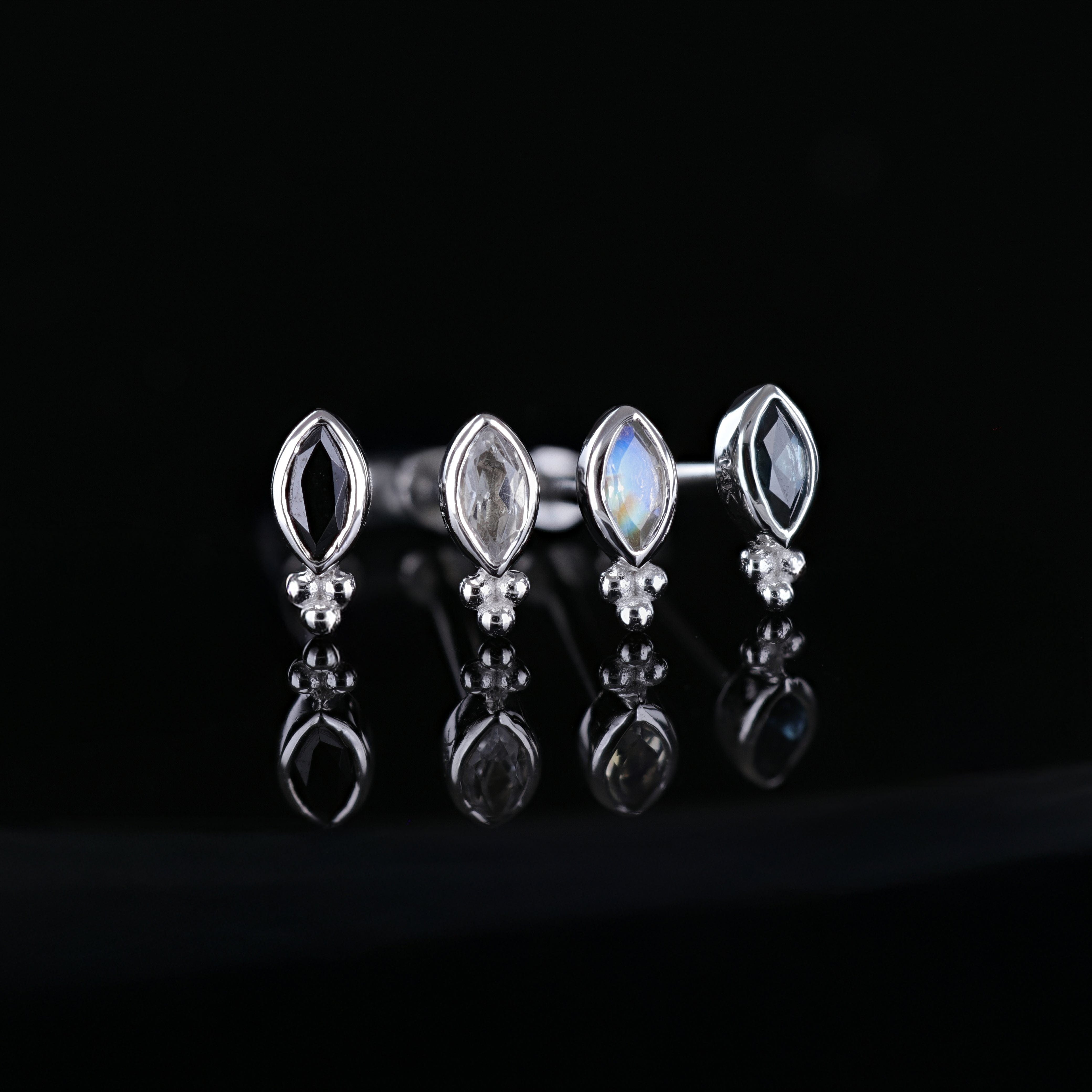 BEATTI Threadless Ends Rue • 14K White Gold Tiny Marquise Cluster Gemstone Flat Back Stud Rue • 14K White Gold Tiny Marquise Cluster Gemstone Flat Back Stud