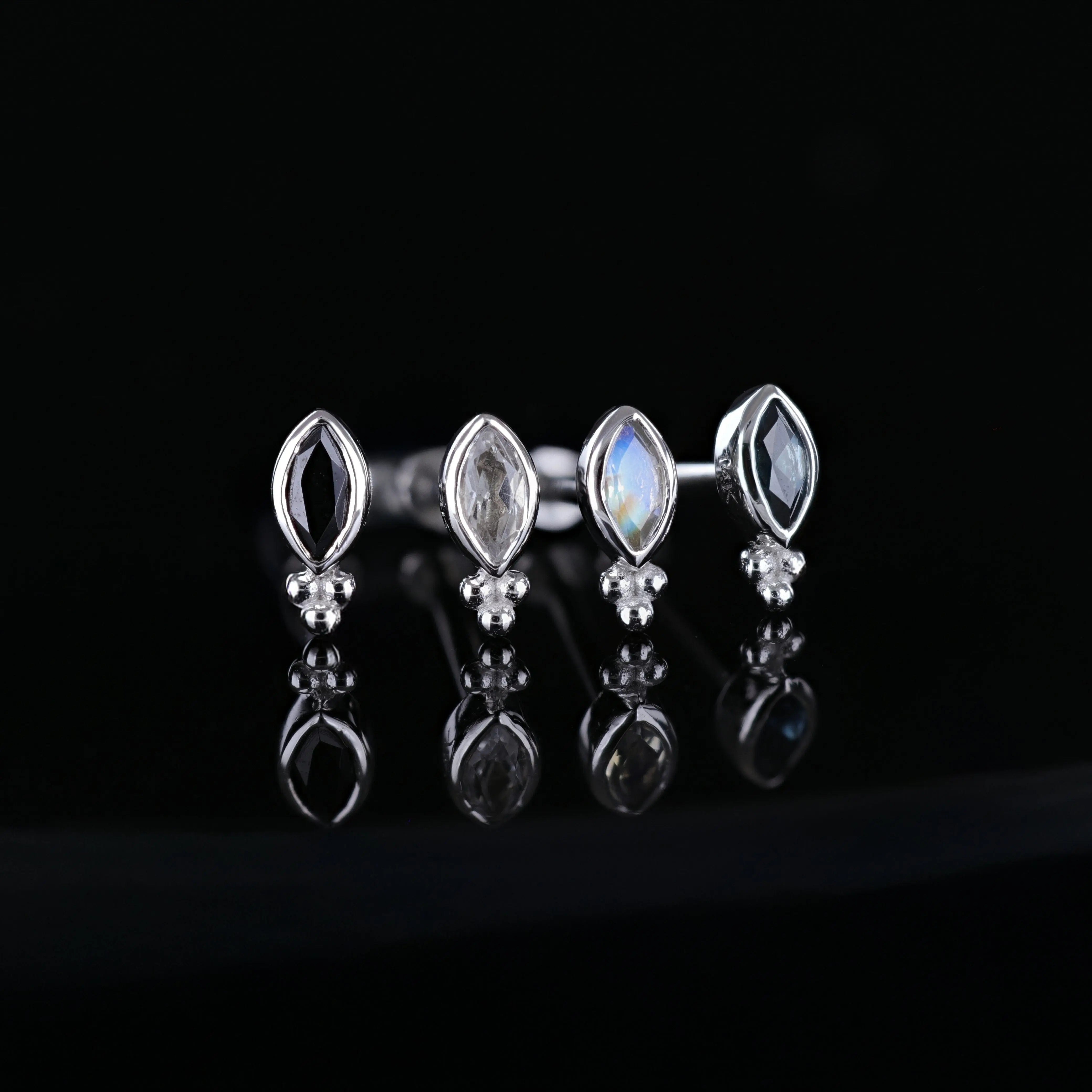 BEATTI Threadless Ends Rue • 14K Gold Tiny Marquise Cluster Natural Gemstone Flat Back Stud Rue • 14K Gold Tiny Marquise Cluster Natural Gemstone Flat Back Stud