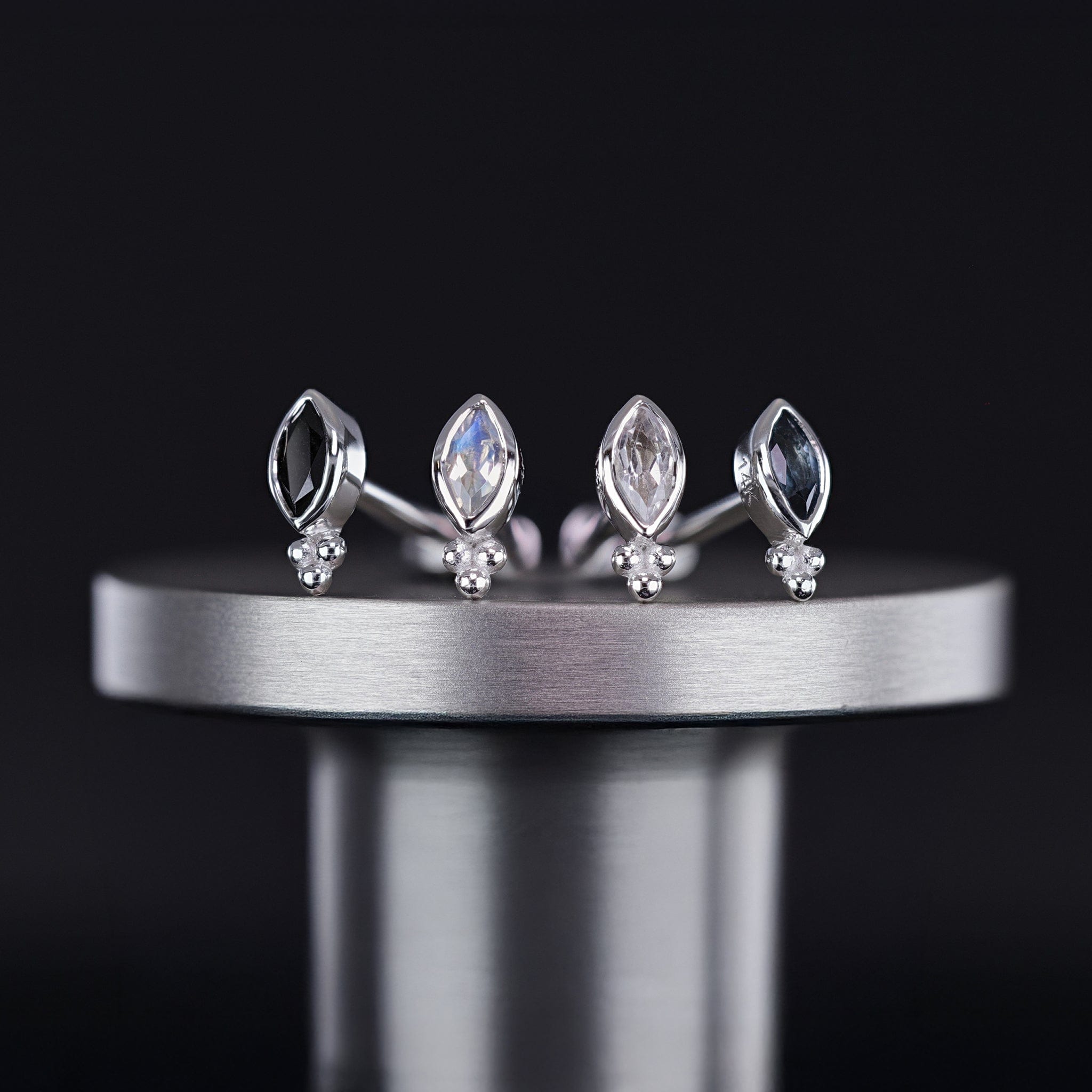 BEATTI Threadless Ends Rue • 14K White Gold Tiny Marquise Cluster Gemstone Flat Back Stud Rue • 14K White Gold Tiny Marquise Cluster Gemstone Flat Back Stud