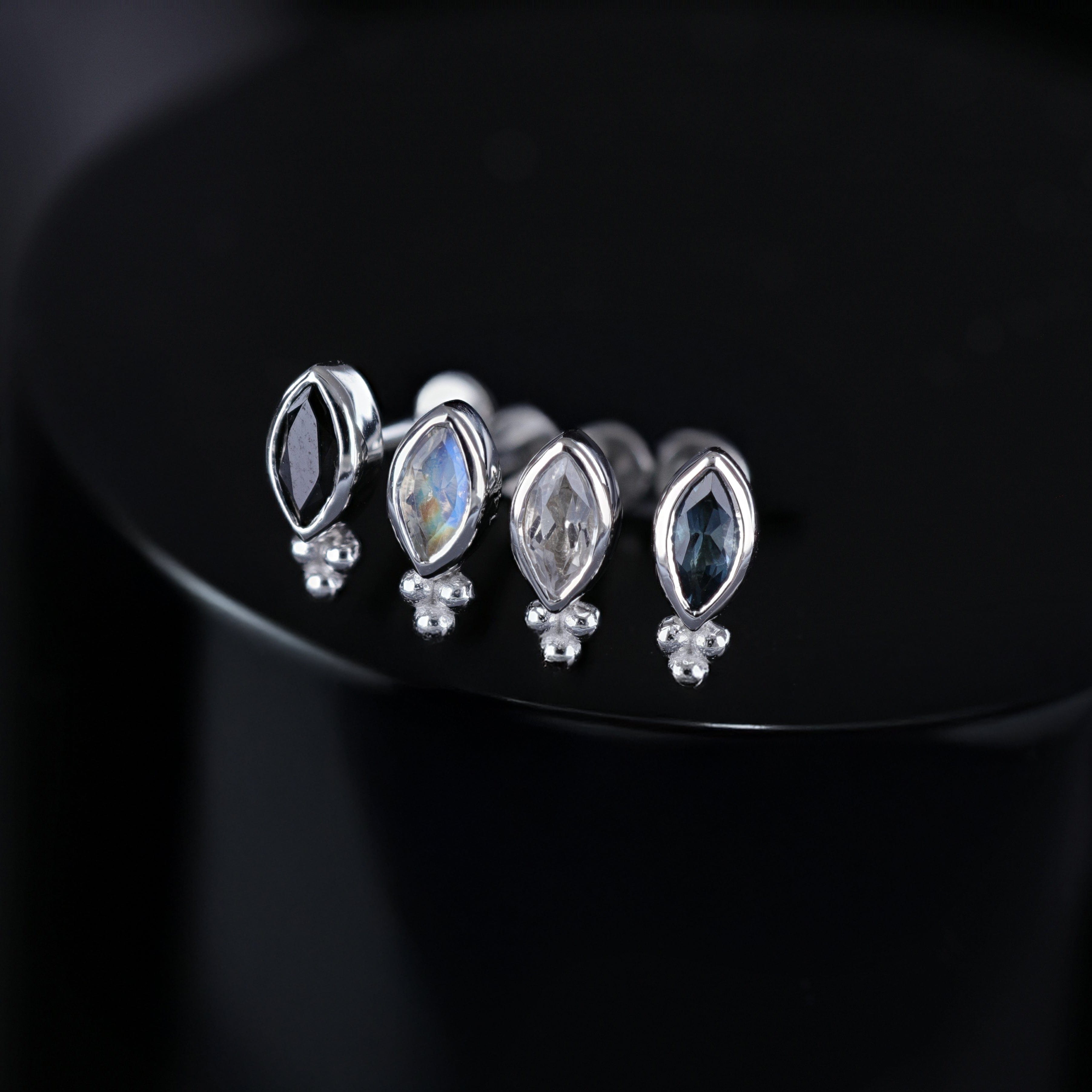 BEATTI Threadless Ends Rue • 14K White Gold Tiny Marquise Cluster Gemstone Flat Back Stud Rue • 14K White Gold Tiny Marquise Cluster Gemstone Flat Back Stud
