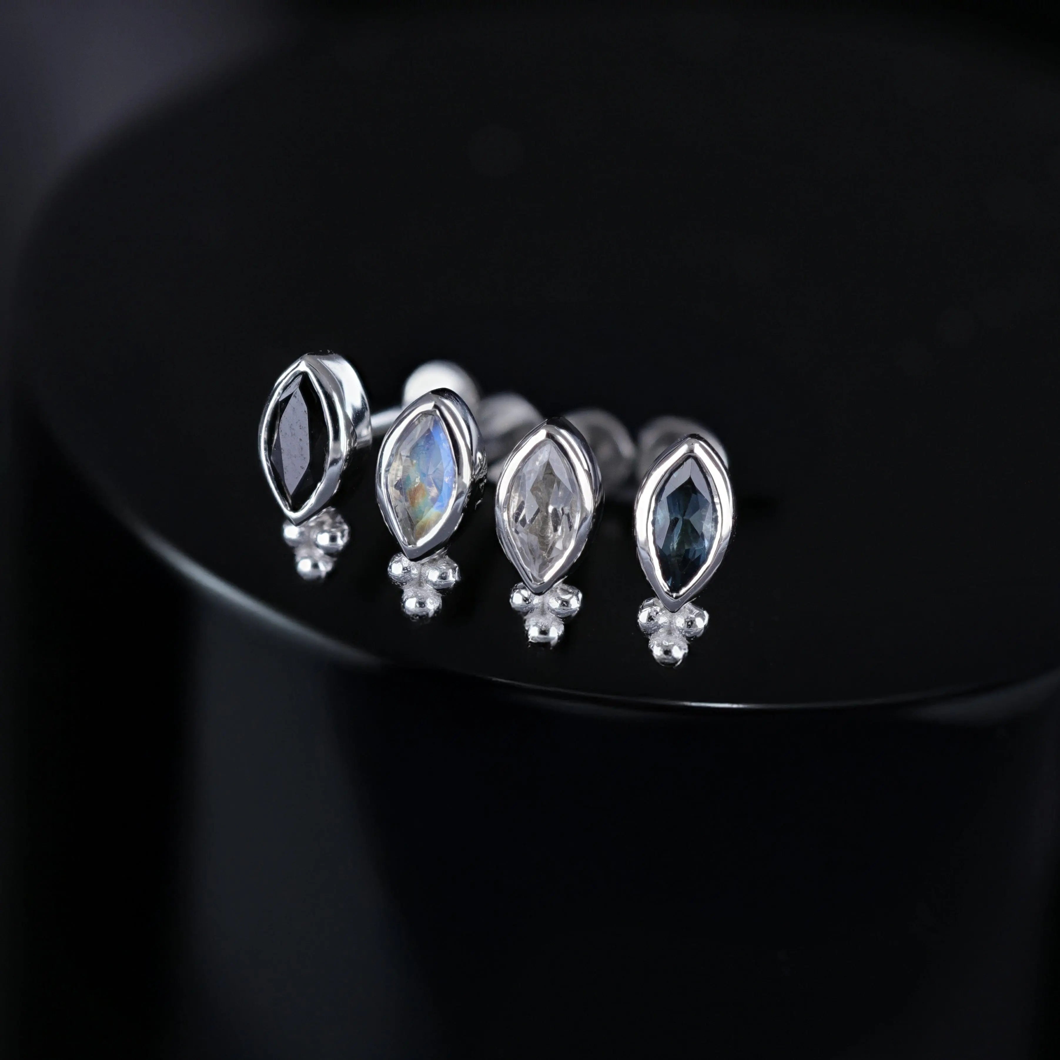 BEATTI Threadless Ends Rue • 14K Gold Tiny Marquise Cluster Natural Gemstone Flat Back Stud Rue • 14K Gold Tiny Marquise Cluster Natural Gemstone Flat Back Stud