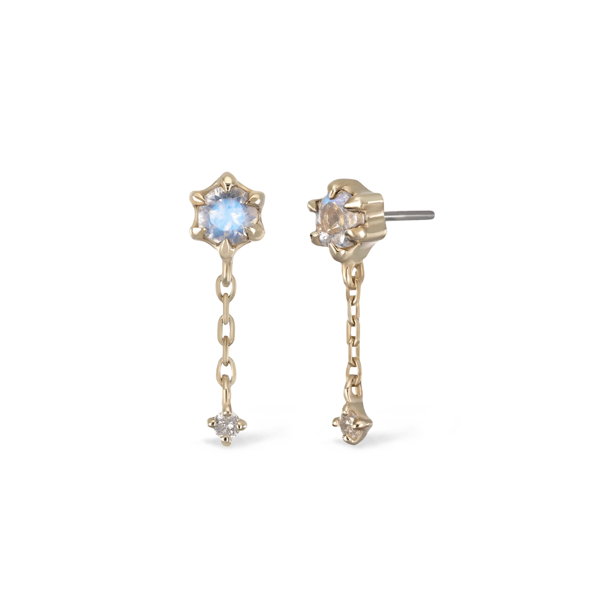 BEATTI Threadless Ends Gold / Rainbow Moonstone + Diamond Starfall • Moonstone Black Labradorite Diamond Threadless Push Pin stud BTPRG045 Starfall • Moonstone Black Labradorite Diamond Threadless Push Pin stud