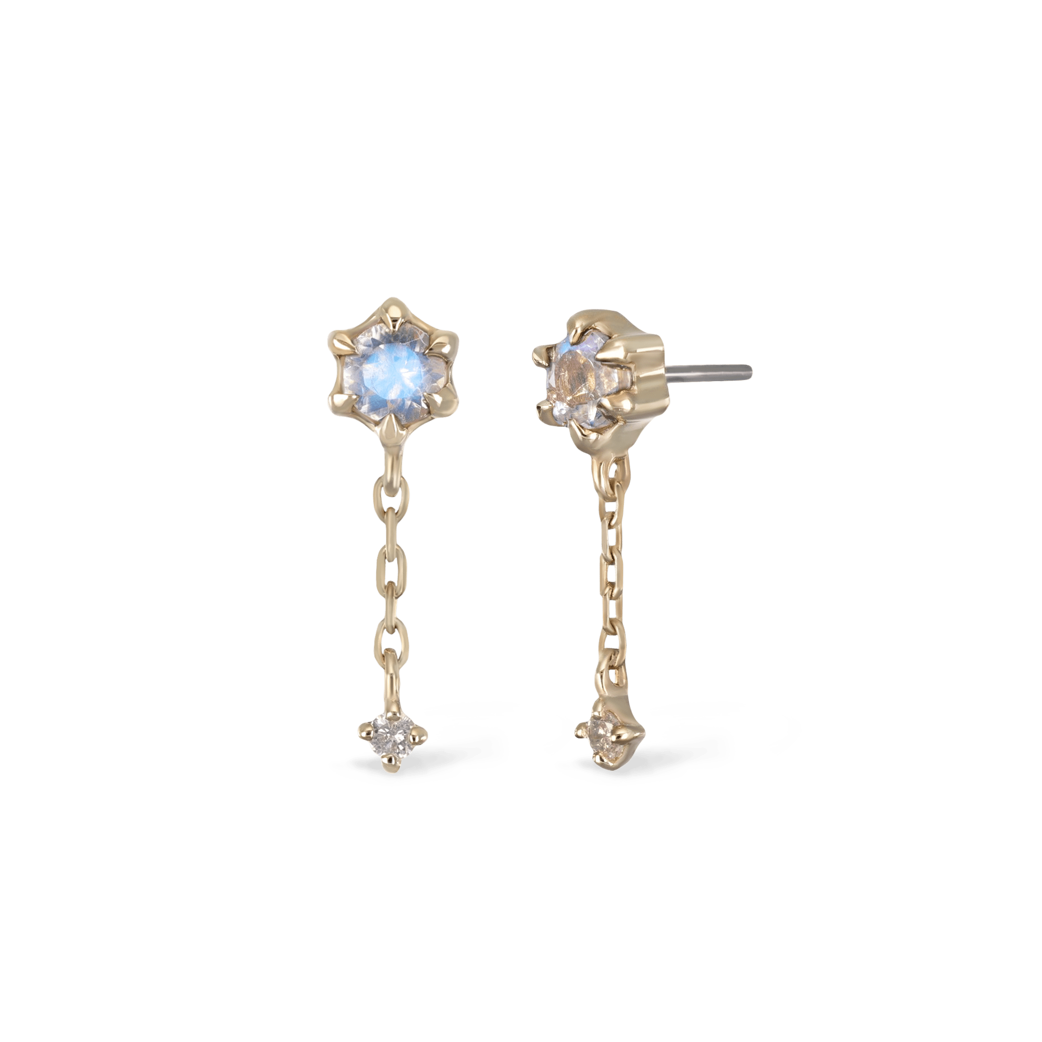 BEATTI Threadless Ends Gold / Rainbow Moonstone + Diamond Starfall • Moonstone Black Labradorite Diamond Threadless Push Pin stud BTPRG045 Starfall • Moonstone Black Labradorite Diamond Threadless Push Pin stud