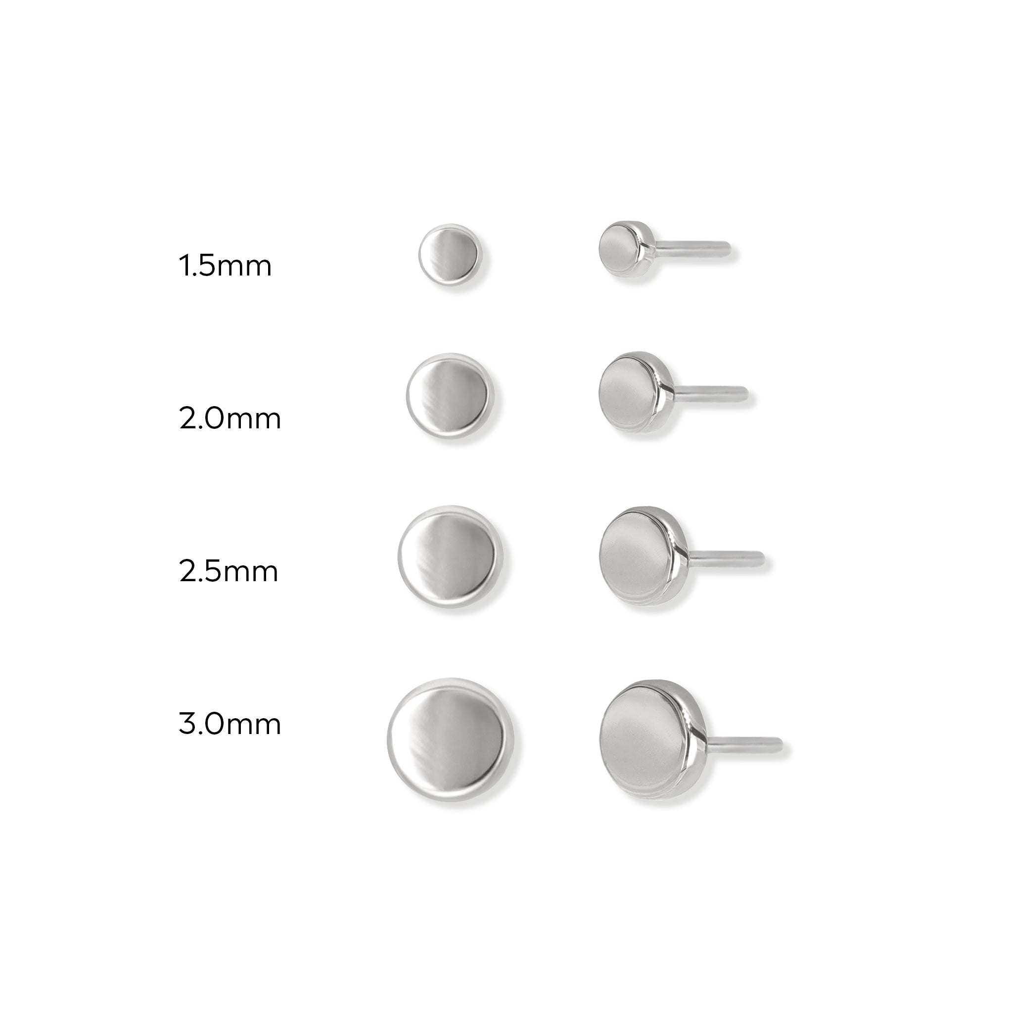 Size comparison of 14K white gold flat disc studs, available in 1.5mm, 2.0mm, 2.5mm and 3mm